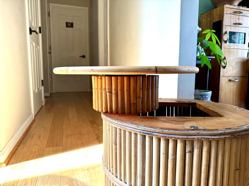 A Vtg Round Bamboo Lazy Susan Table | Round Rattan Swivel Table and Short Swivel Pedestal Table | Bohemian Coffee Table | Bamboo Table