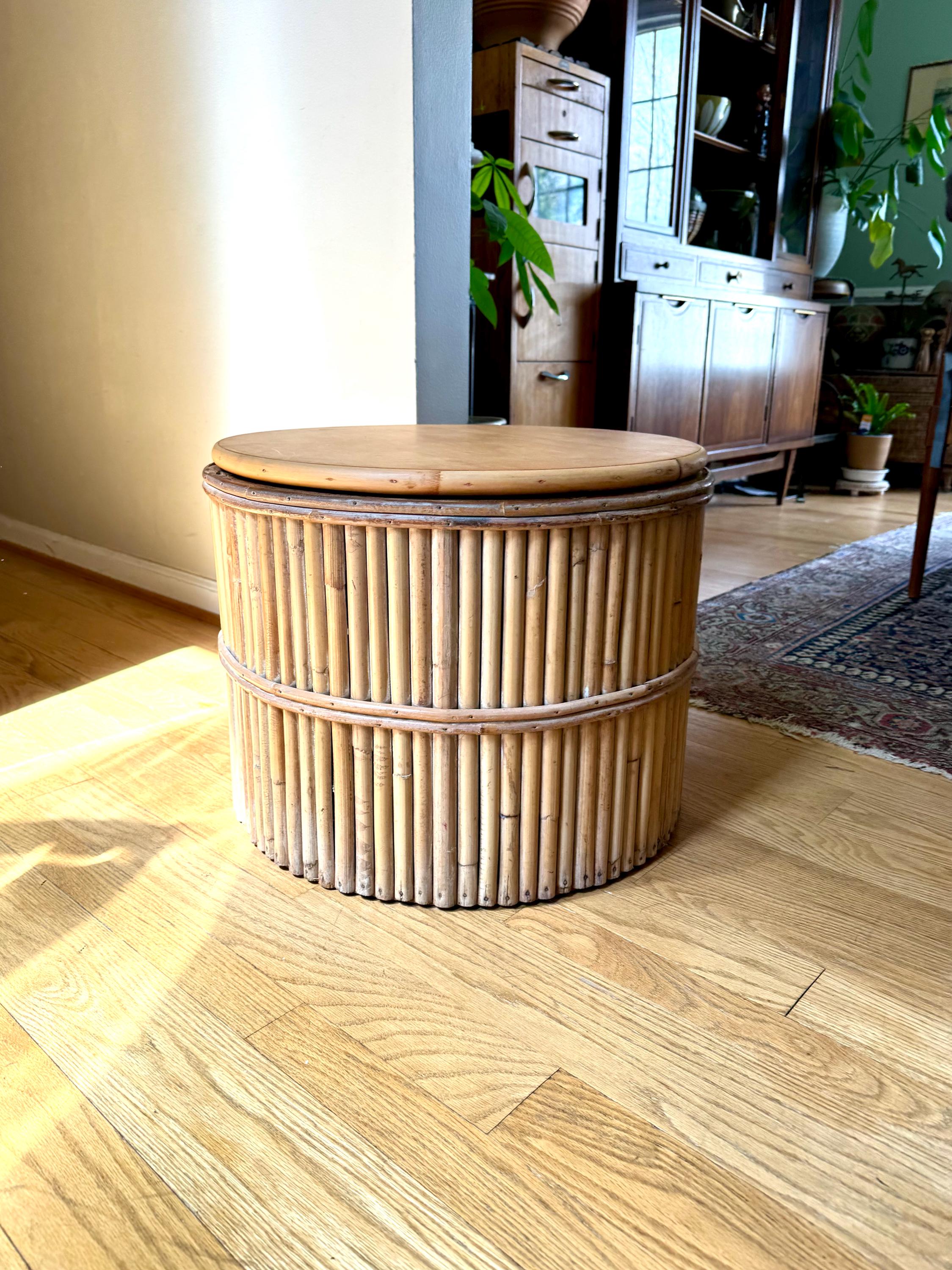 A Vtg Round Bamboo Lazy Susan Table | Round Rattan Swivel Table and Short Swivel Pedestal Table | Bohemian Coffee Table | Bamboo Table