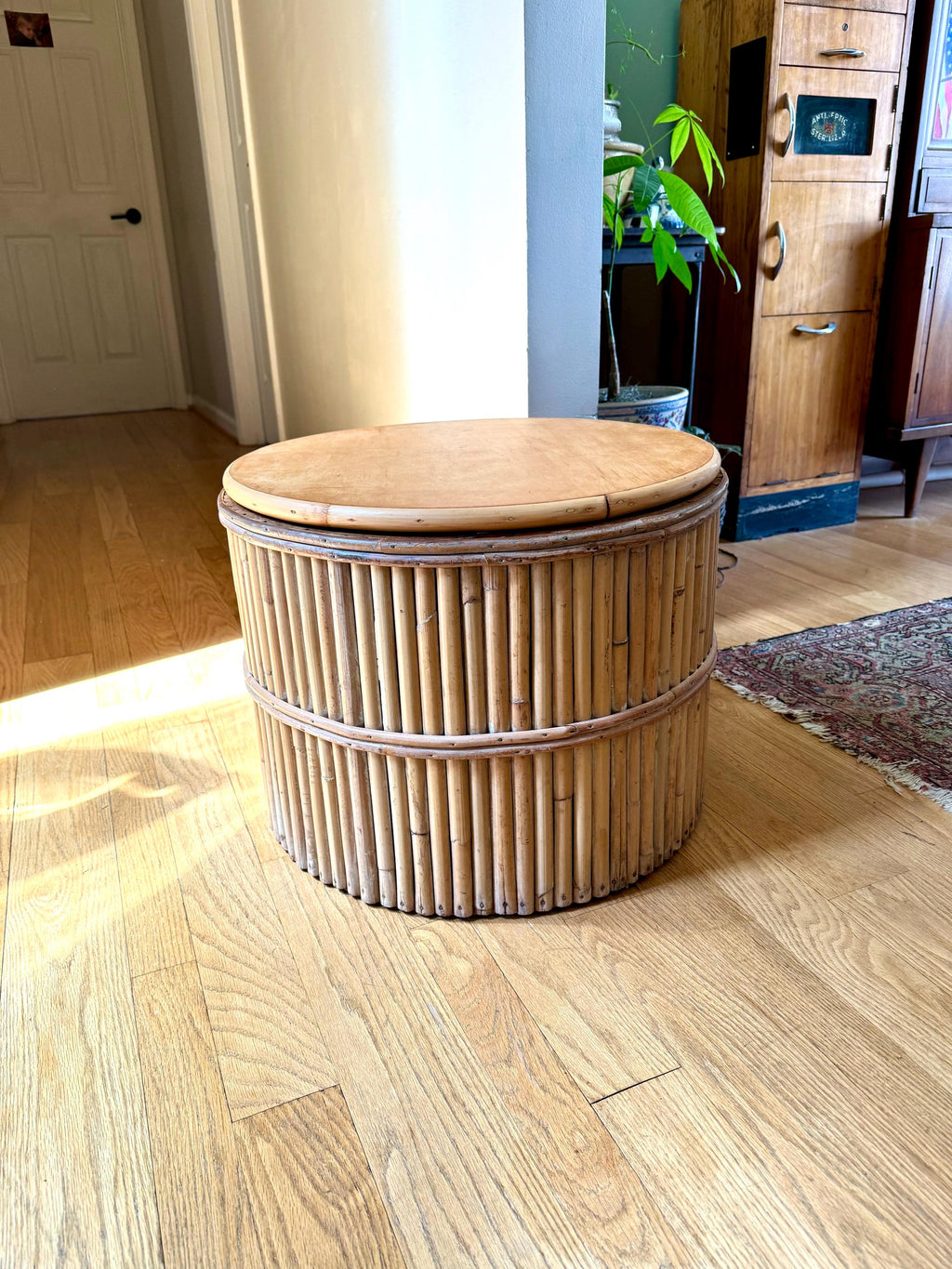 A Vtg Round Bamboo Lazy Susan Table | Round Rattan Swivel Table and Short Swivel Pedestal Table | Bohemian Coffee Table | Bamboo Table