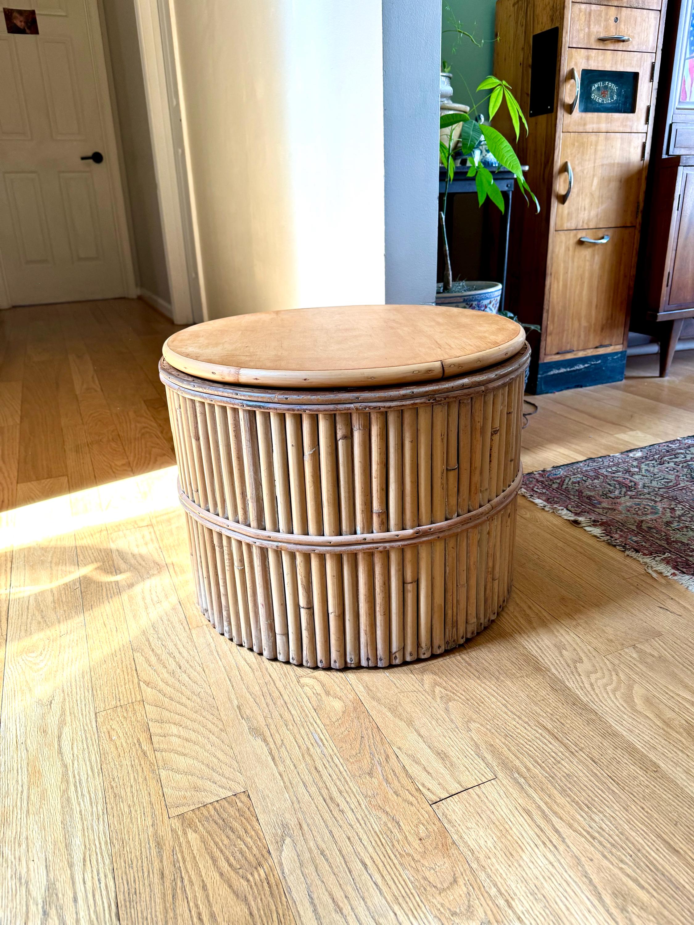 A Vtg Round Bamboo Lazy Susan Table | Round Rattan Swivel Table and Short Swivel Pedestal Table | Bohemian Coffee Table | Bamboo Table