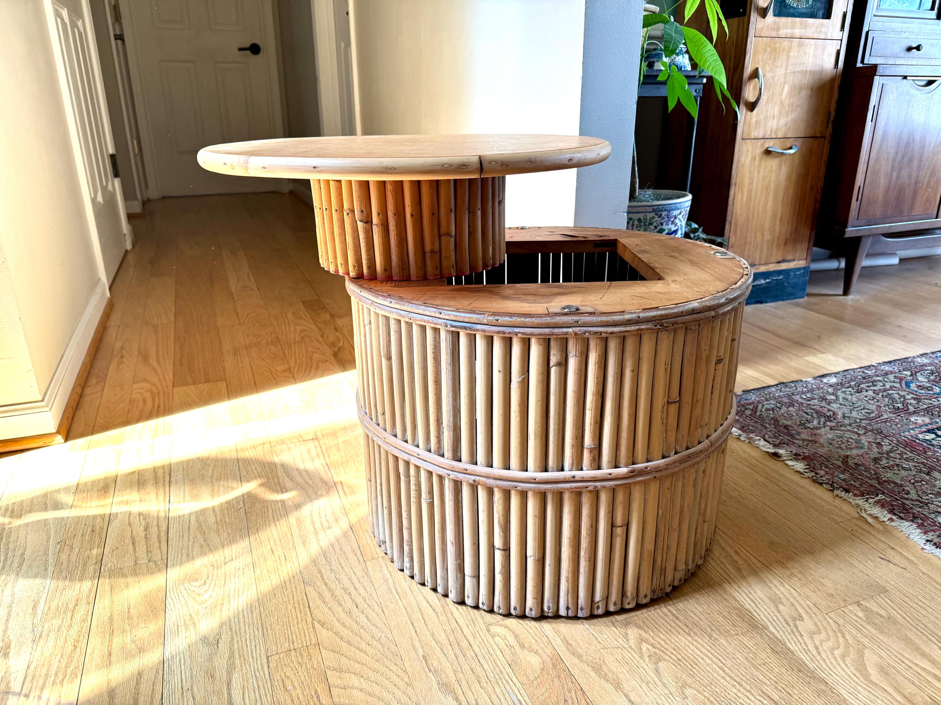 A Vtg Round Bamboo Lazy Susan Table | Round Rattan Swivel Table and Short Swivel Pedestal Table | Bohemian Coffee Table | Bamboo Table
