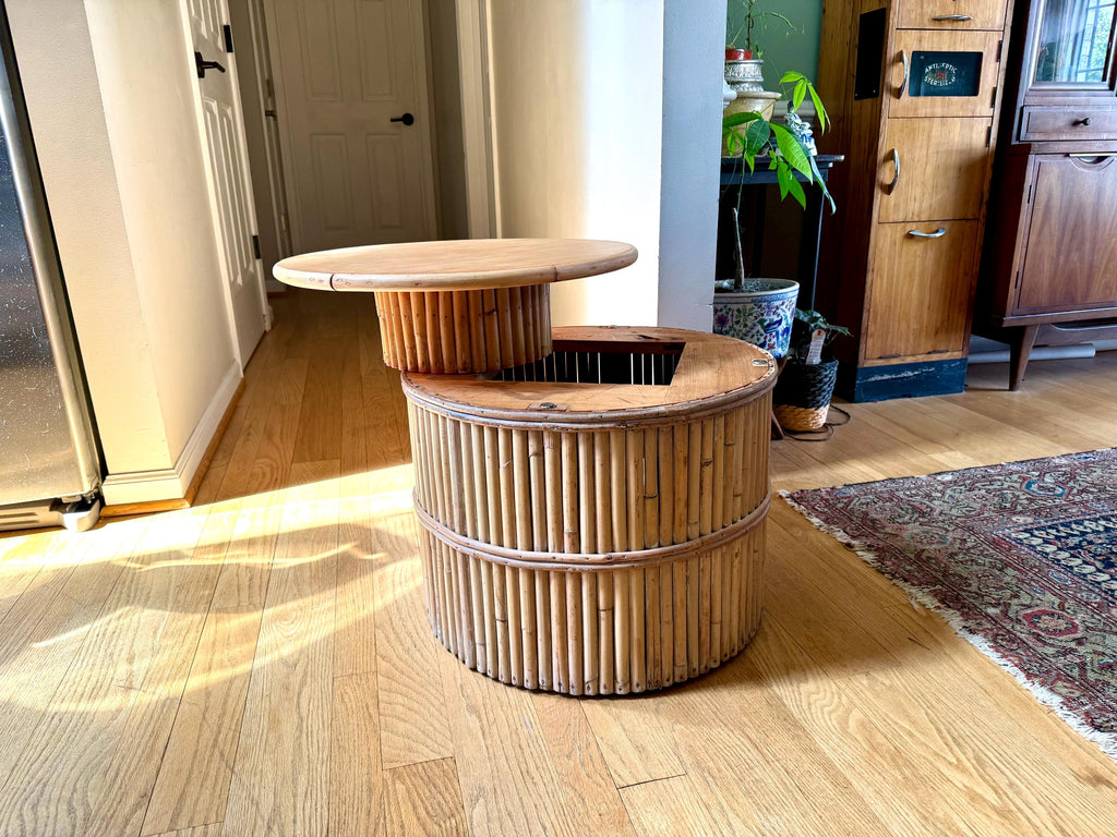 A Vtg Round Bamboo Lazy Susan Table | Round Rattan Swivel Table and Short Swivel Pedestal Table | Bohemian Coffee Table | Bamboo Table