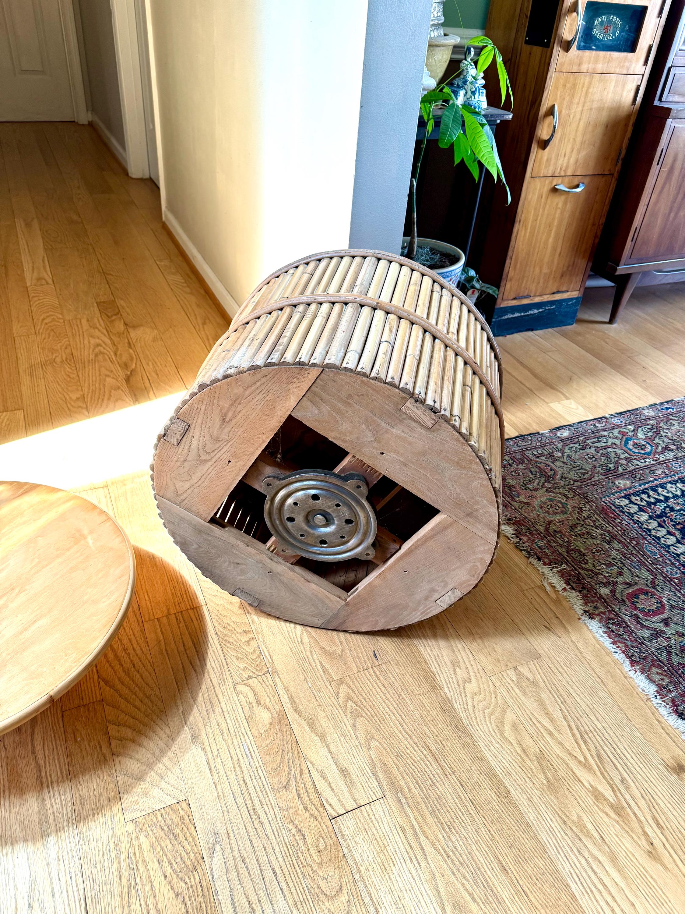 A Vtg Round Bamboo Lazy Susan Table | Round Rattan Swivel Table and Short Swivel Pedestal Table | Bohemian Coffee Table | Bamboo Table