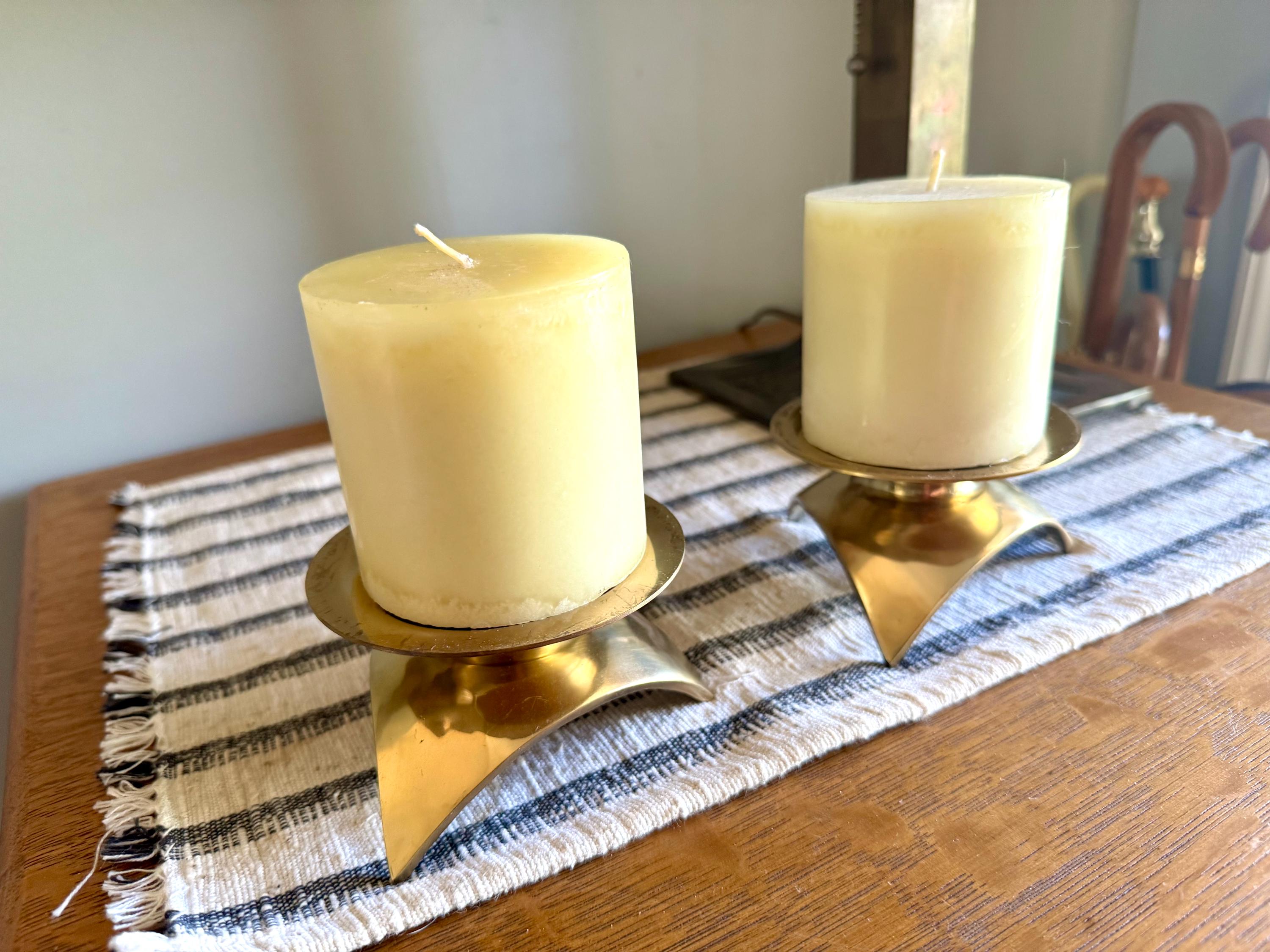 MCM Brass Pillar Candleholders | Asian Style Pagoda Style Candle Holders | Brass Atomic MCM Candle Holders