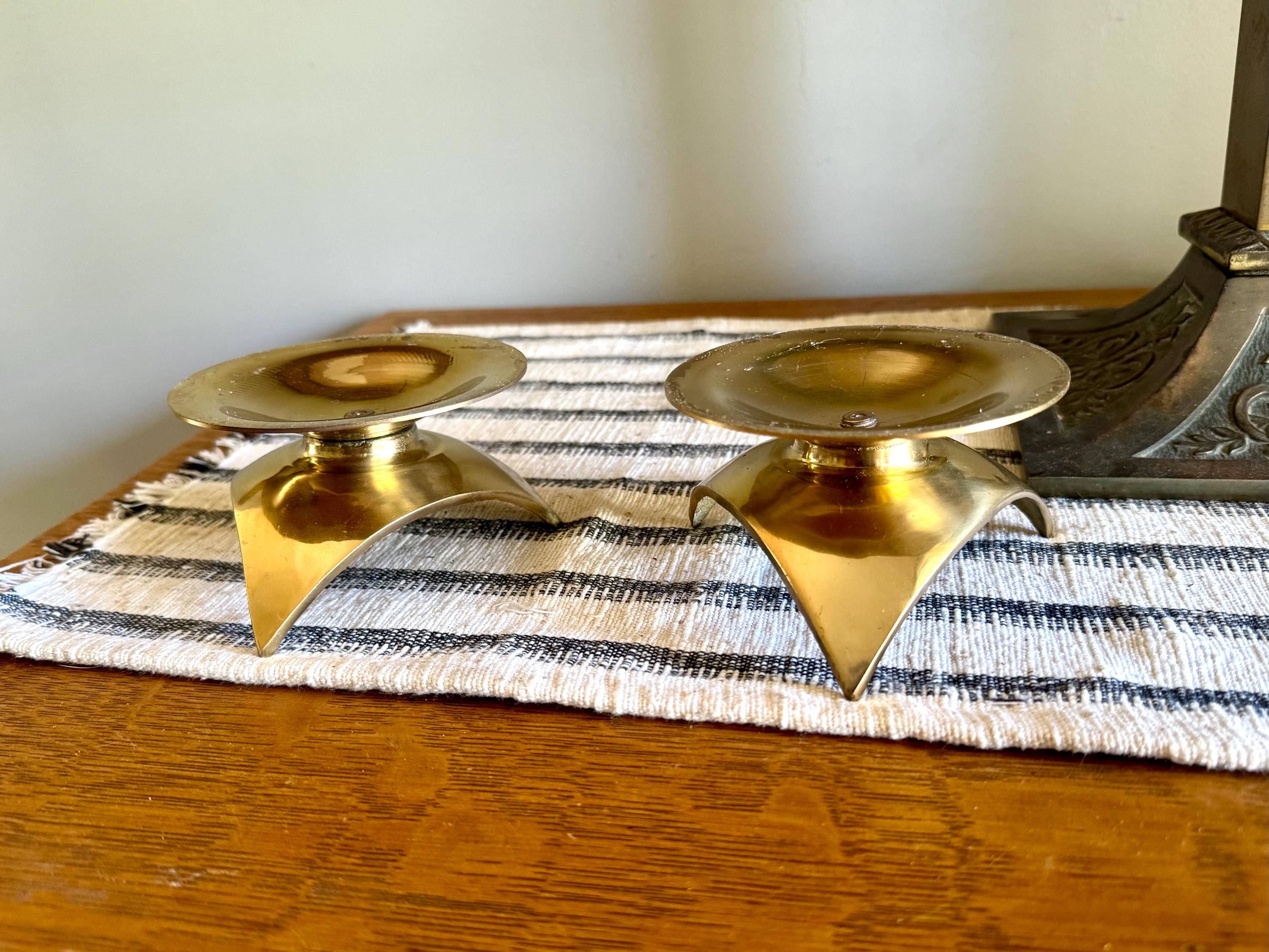 MCM Brass Pillar Candleholders | Asian Style Pagoda Style Candle Holders | Brass Atomic MCM Candle Holders
