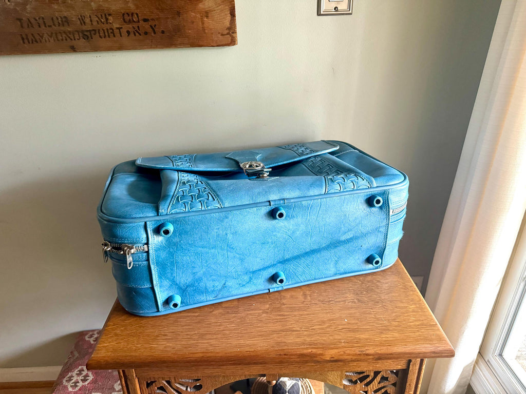 Vtg American Tourister Weekender | American Tourister Suitcase | Blue Weekend Luggage Bag| Retro Blue Carry On| Blue Marble Vinyl Bag