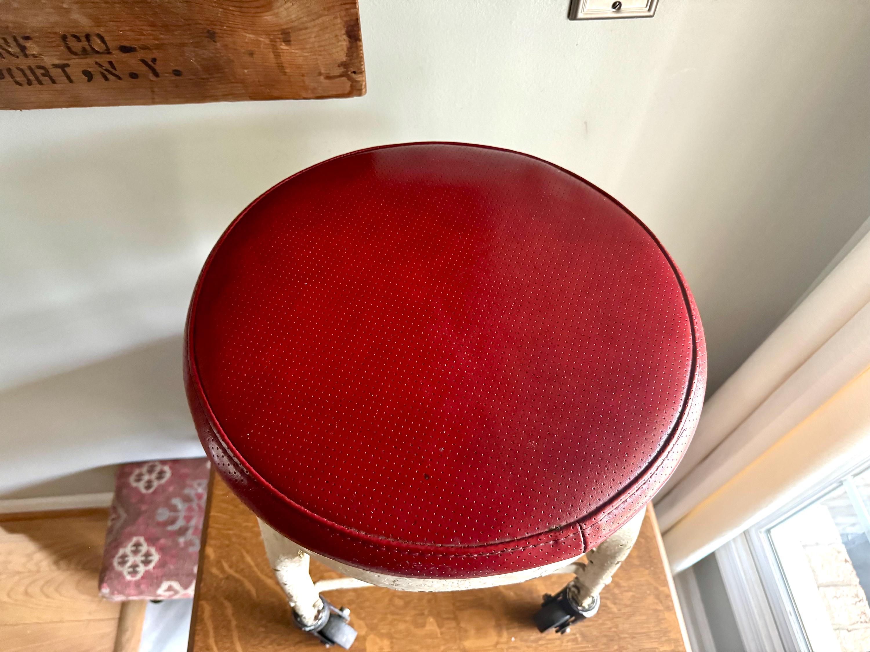 Vtg American Industrial Rolling Stool | Distressed Paint Low Metal Rolling Stool | Red Padded Small Rolling Stool | Milking Stool