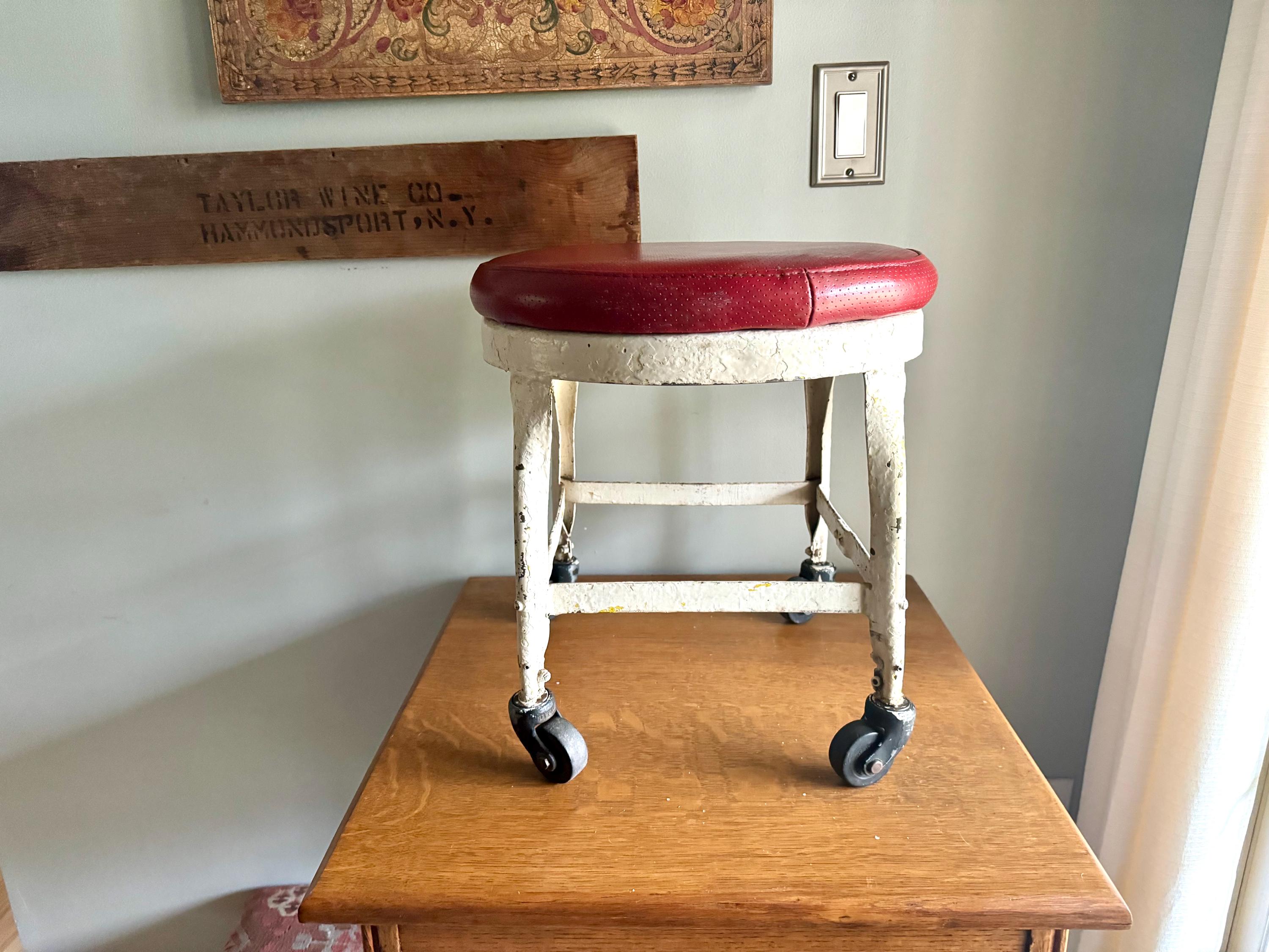 Vtg American Industrial Rolling Stool | Distressed Paint Low Metal Rolling Stool | Red Padded Small Rolling Stool | Milking Stool