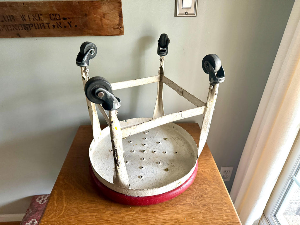 Vtg American Industrial Rolling Stool | Distressed Paint Low Metal Rolling Stool | Red Padded Small Rolling Stool | Milking Stool
