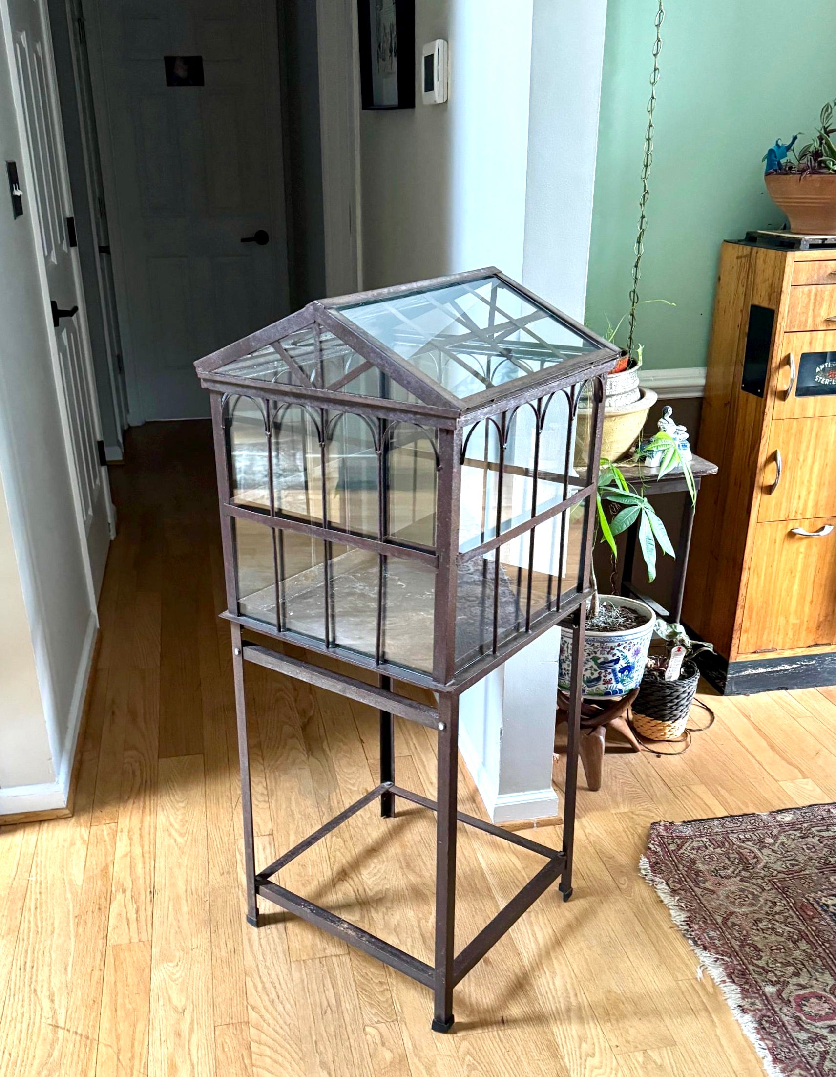Vtg Old Metal & Glass Terrarium On Stand | Wardian Case on Stand | Plant Terrarium On Stand | Antique Victorian Terrarium Glass Case