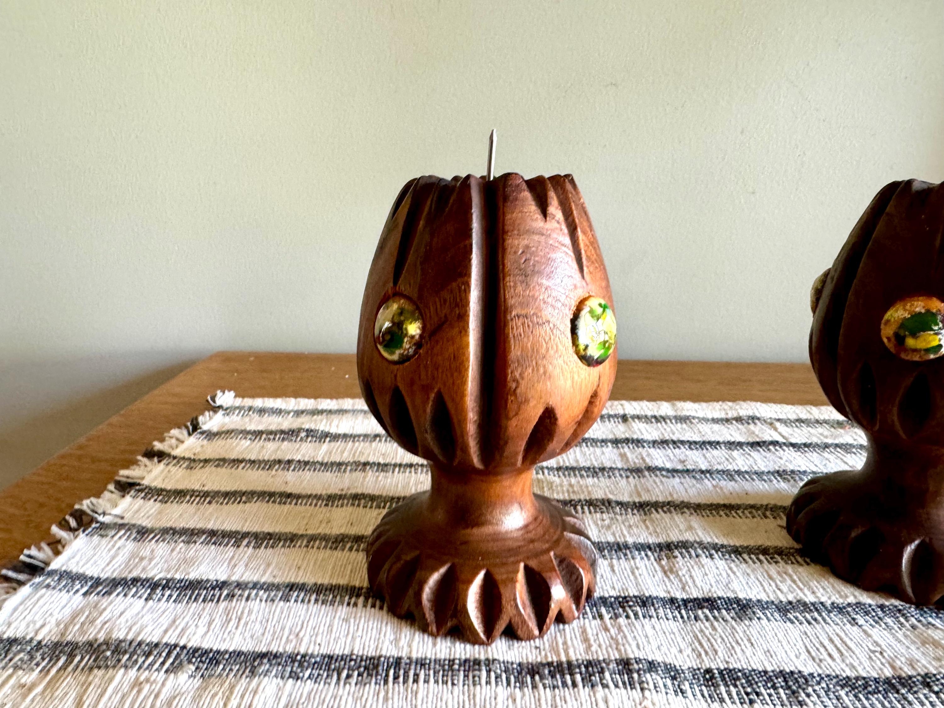 Vtg Pair of Spanish Wood Candle Holders | Hand Carved Wood Candleholders | Spanish Carved Candlestick Holders | Boho Decor