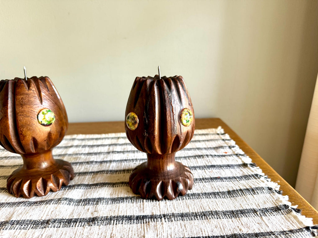 Vtg Pair of Spanish Wood Candle Holders | Hand Carved Wood Candleholders | Spanish Carved Candlestick Holders | Boho Decor