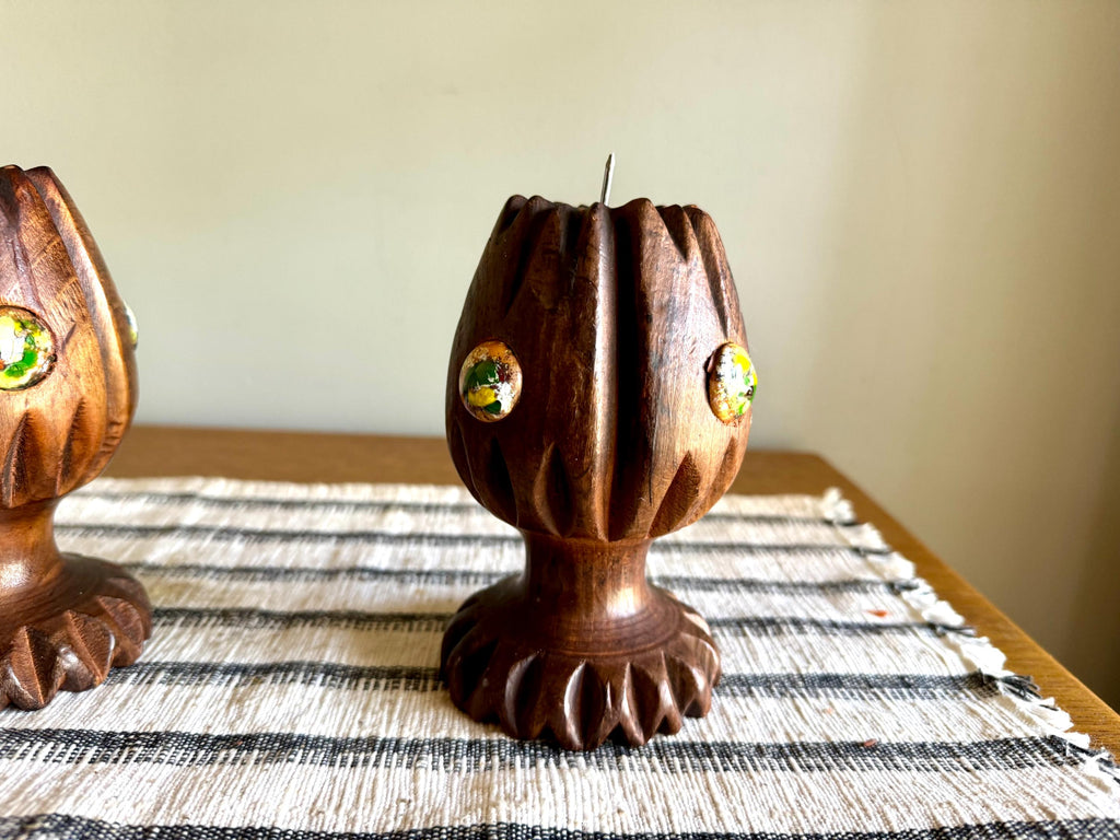 Vtg Pair of Spanish Wood Candle Holders | Hand Carved Wood Candleholders | Spanish Carved Candlestick Holders | Boho Decor