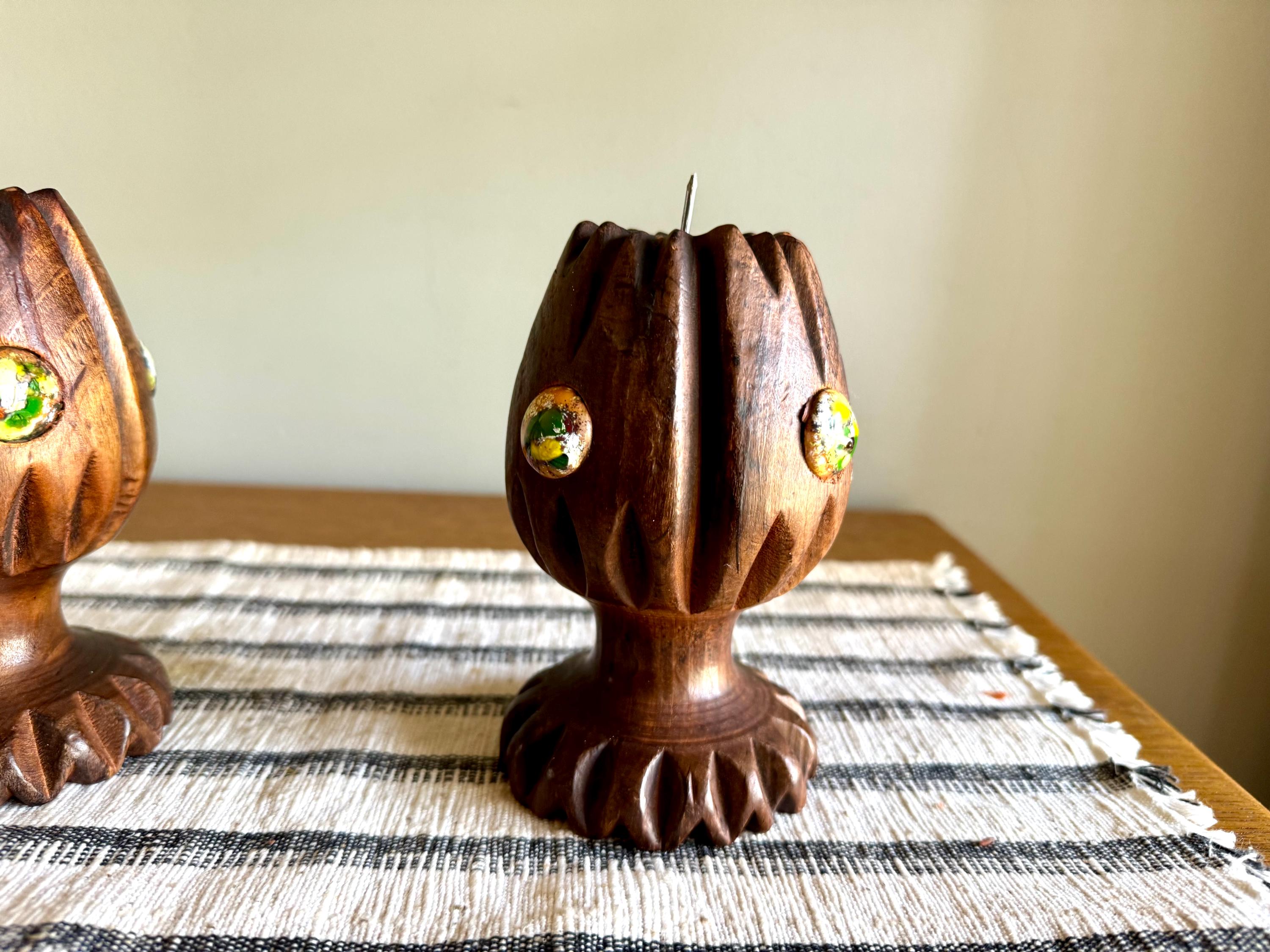 Vtg Pair of Spanish Wood Candle Holders | Hand Carved Wood Candleholders | Spanish Carved Candlestick Holders | Boho Decor