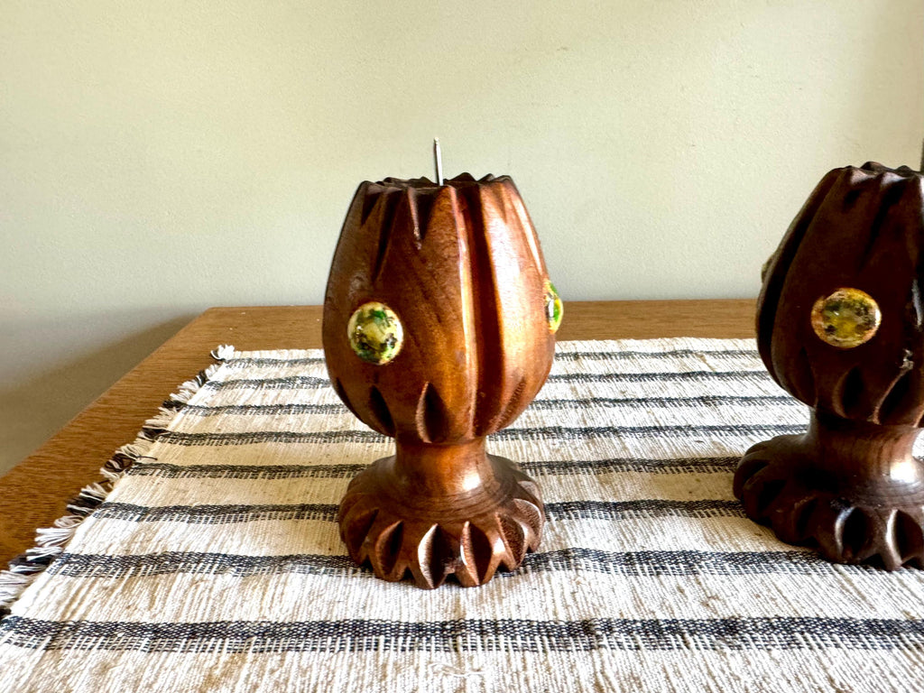 Vtg Pair of Spanish Wood Candle Holders | Hand Carved Wood Candleholders | Spanish Carved Candlestick Holders | Boho Decor