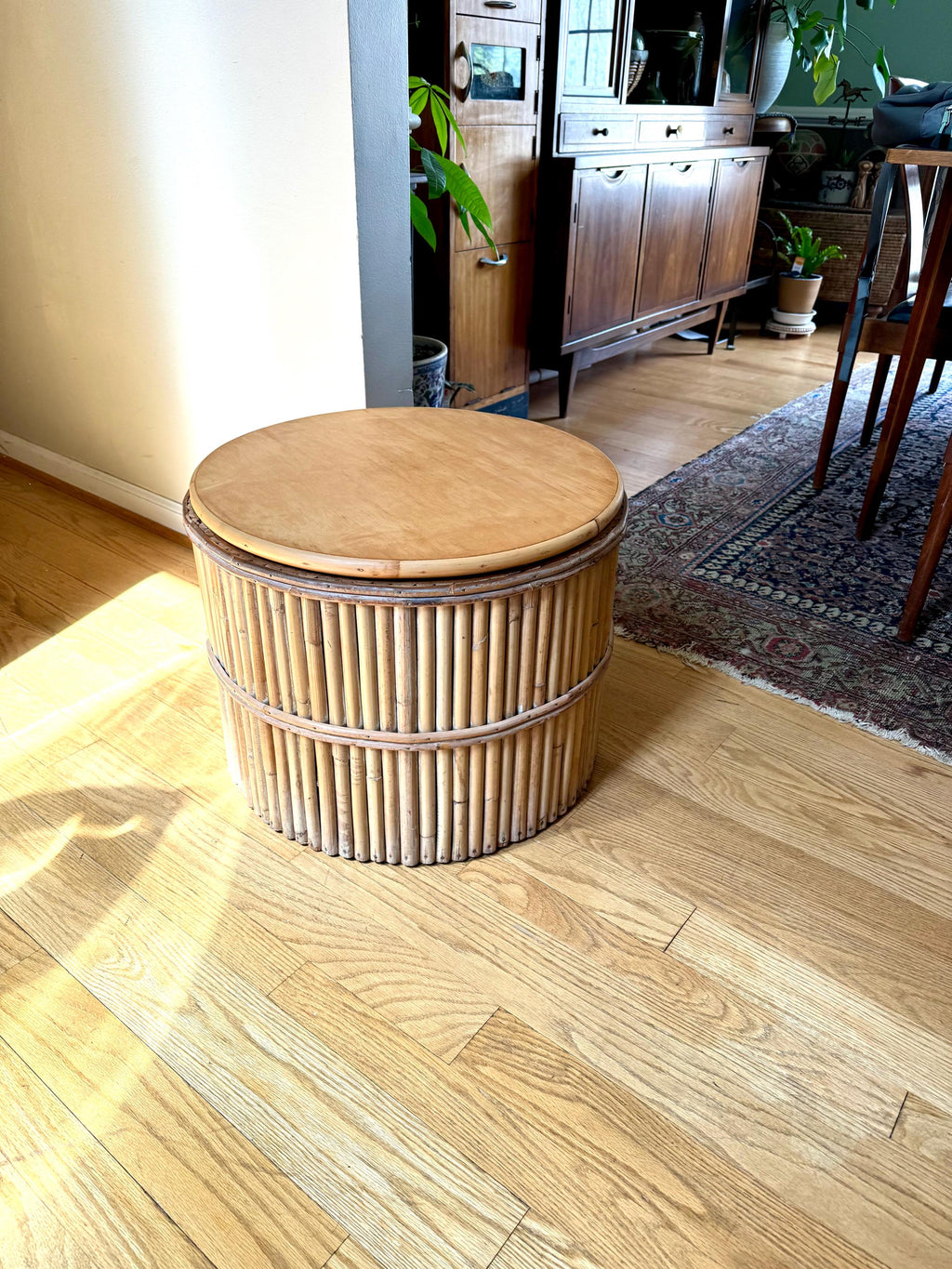A Vtg Round Bamboo Lazy Susan Table | Round Rattan Swivel Table and Short Swivel Pedestal Table | Bohemian Coffee Table | Bamboo Table