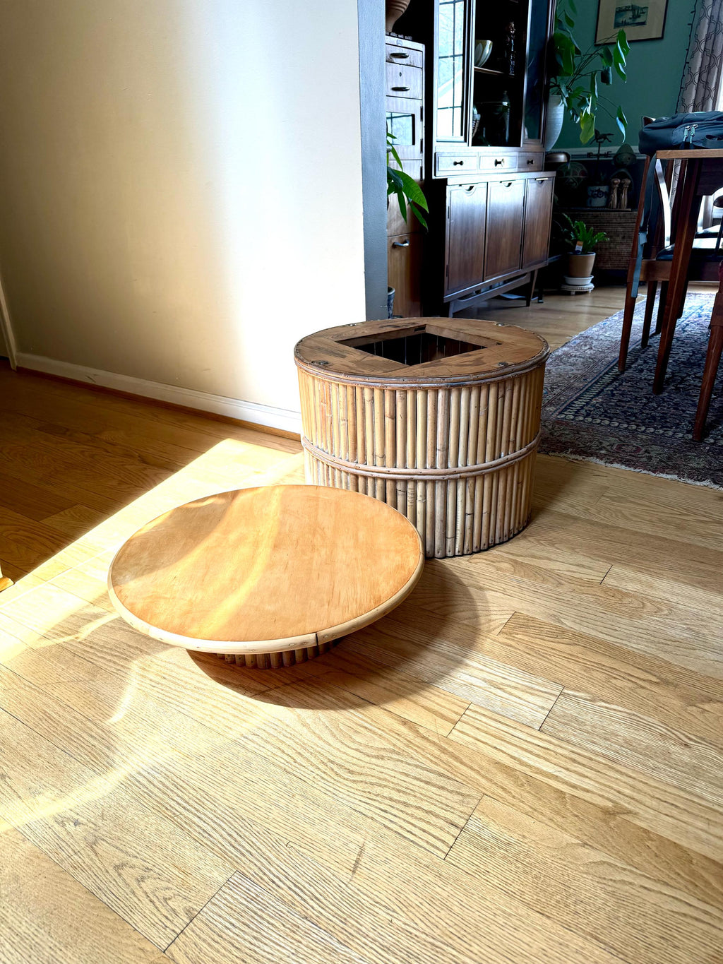 A Vtg Round Bamboo Lazy Susan Table | Round Rattan Swivel Table and Short Swivel Pedestal Table | Bohemian Coffee Table | Bamboo Table