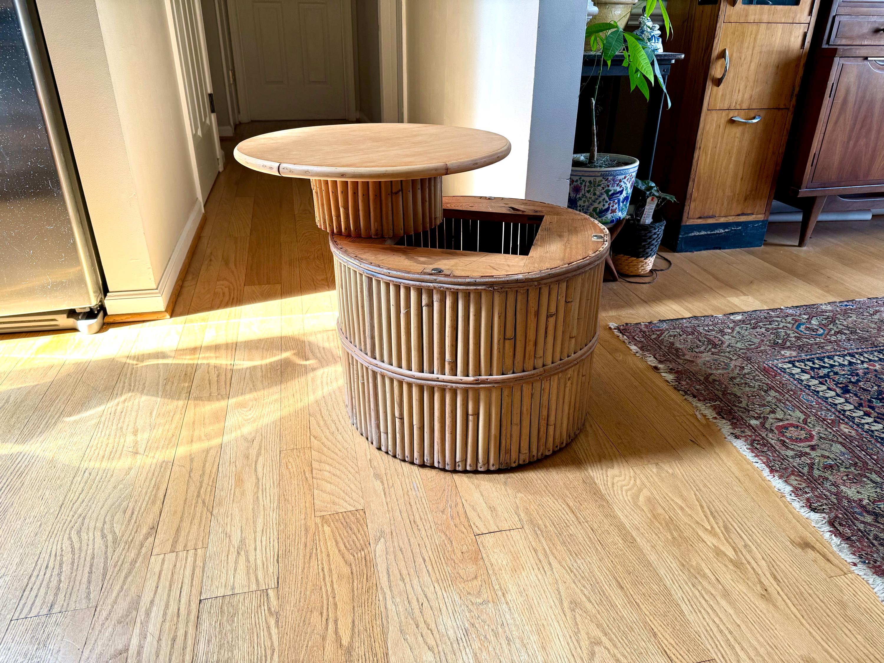 A Vtg Round Bamboo Lazy Susan Table | Round Rattan Swivel Table and Short Swivel Pedestal Table | Bohemian Coffee Table | Bamboo Table