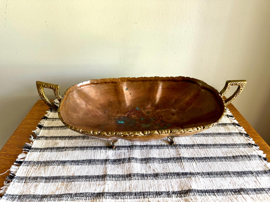 Vtg Hecho En Mexico Copper and Brass Dish | Mexican Copper Centerpiece Dish | Copper Fruit Bowl | Brass Ornate Footed Bowl