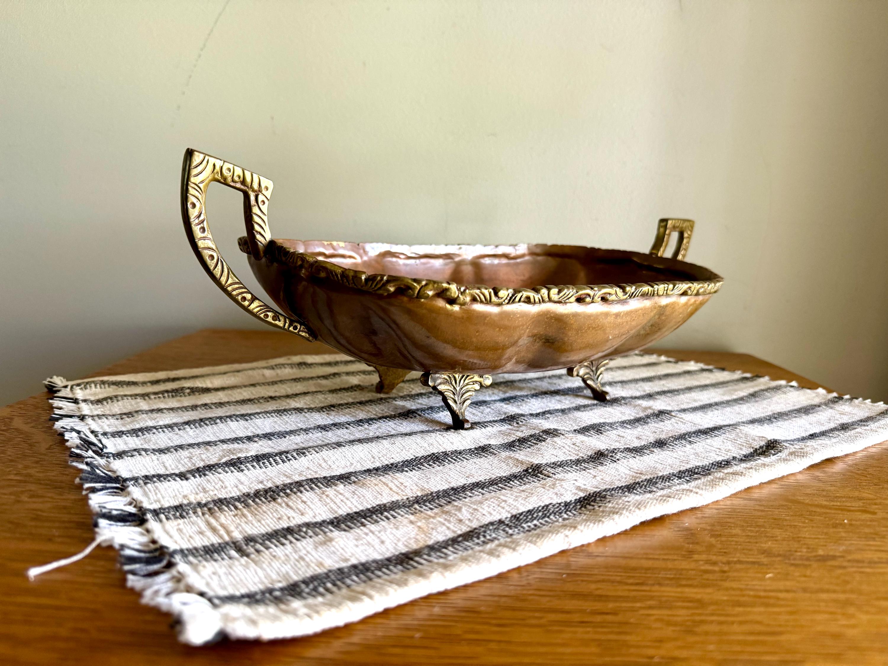 Vtg Hecho En Mexico Copper and Brass Dish | Mexican Copper Centerpiece Dish | Copper Fruit Bowl | Brass Ornate Footed Bowl