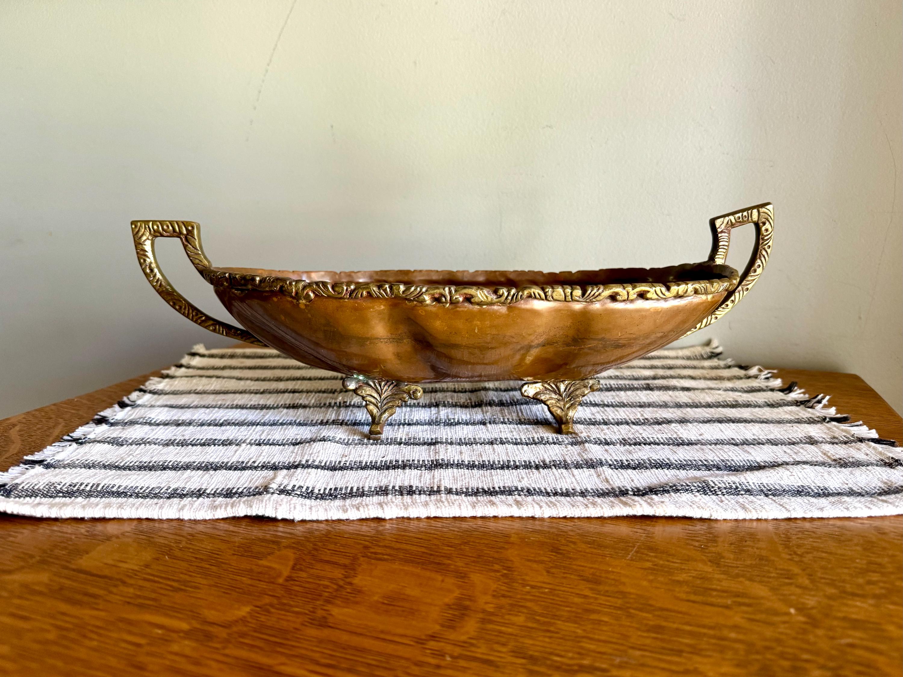 Vtg Hecho En Mexico Copper and Brass Dish | Mexican Copper Centerpiece Dish | Copper Fruit Bowl | Brass Ornate Footed Bowl
