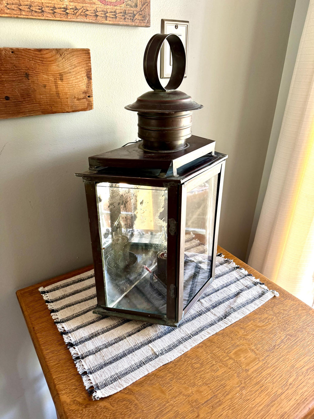 Vtg  Distressed Copper Lantern Lamp | Copper and Mirror Large Wall Sconce | Nautical Lantern Copper Wall Lamp | Rustic Wall Light