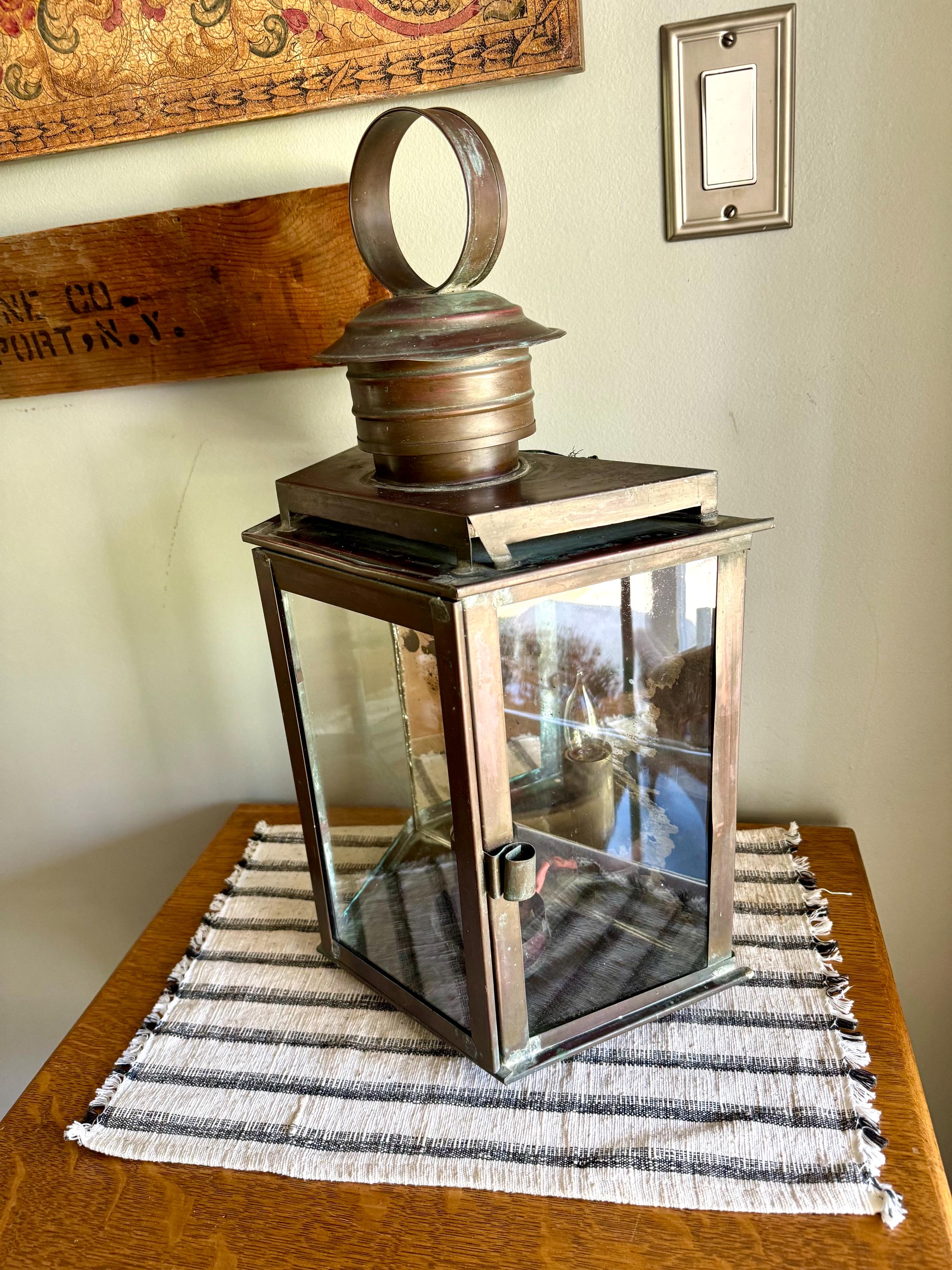 Vtg  Distressed Copper Lantern Lamp | Copper and Mirror Large Wall Sconce | Nautical Lantern Copper Wall Lamp | Rustic Wall Light