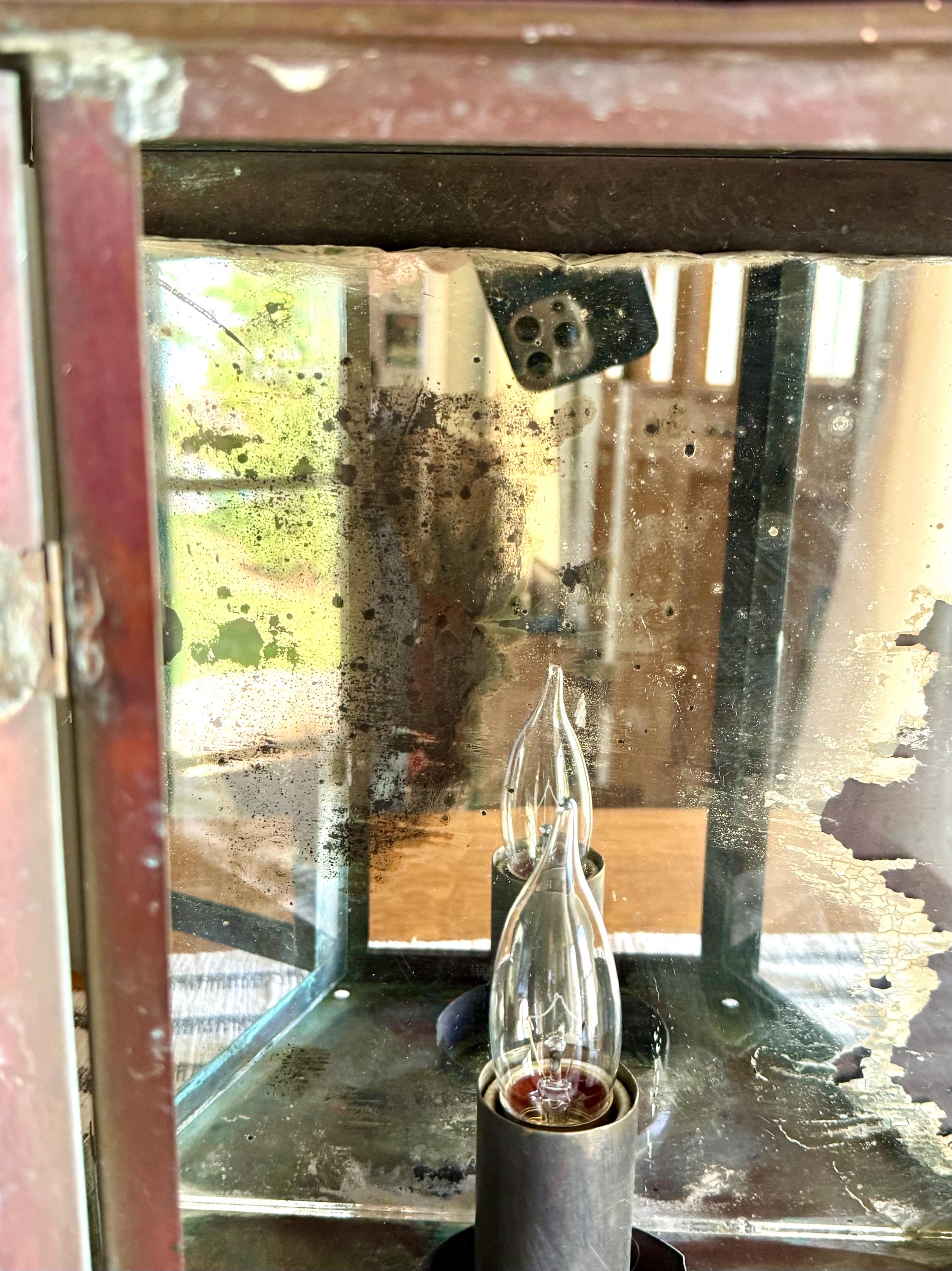 Vtg  Distressed Copper Lantern Lamp | Copper and Mirror Large Wall Sconce | Nautical Lantern Copper Wall Lamp | Rustic Wall Light