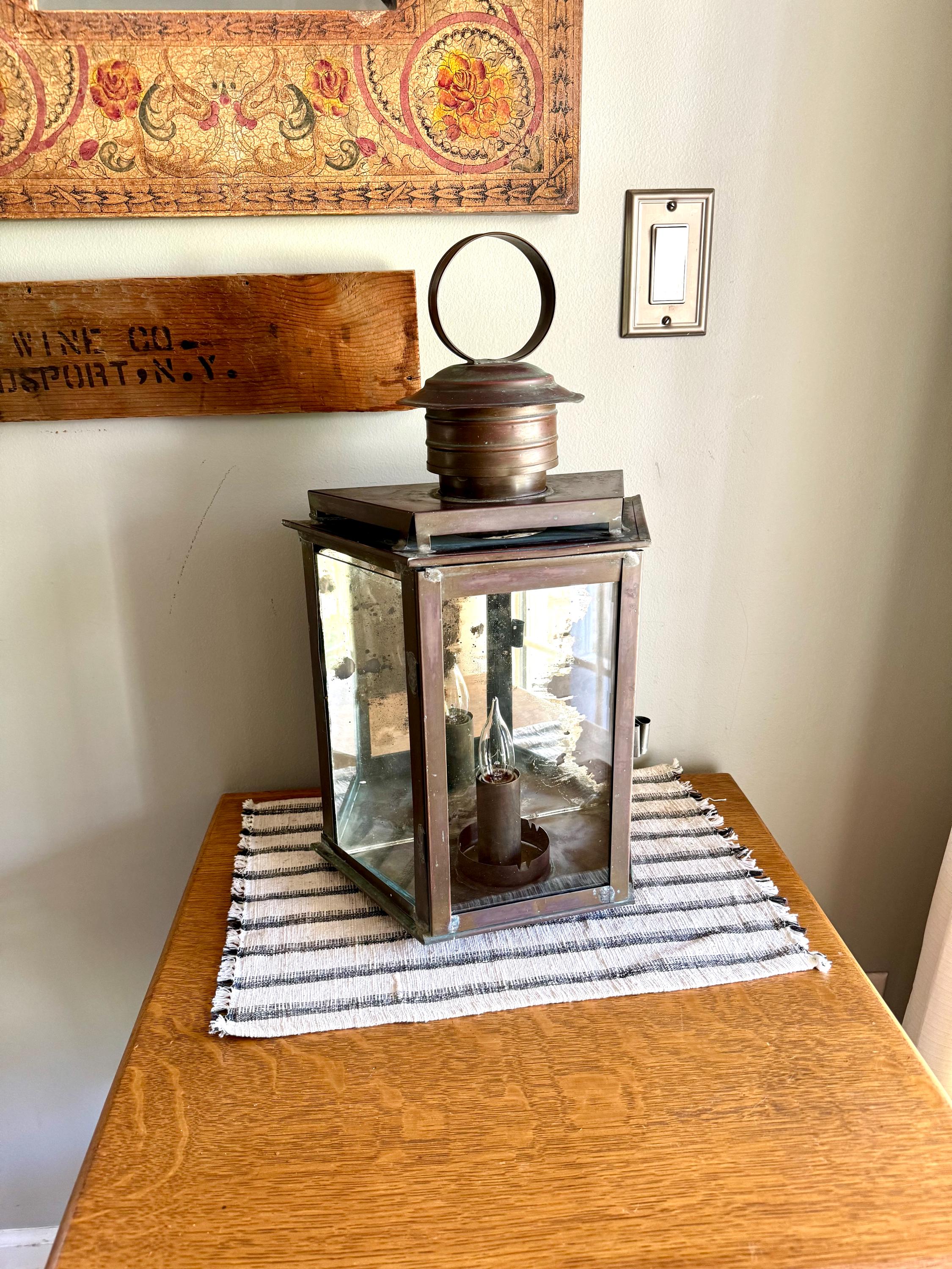 Vtg  Distressed Copper Lantern Lamp | Copper and Mirror Large Wall Sconce | Nautical Lantern Copper Wall Lamp | Rustic Wall Light
