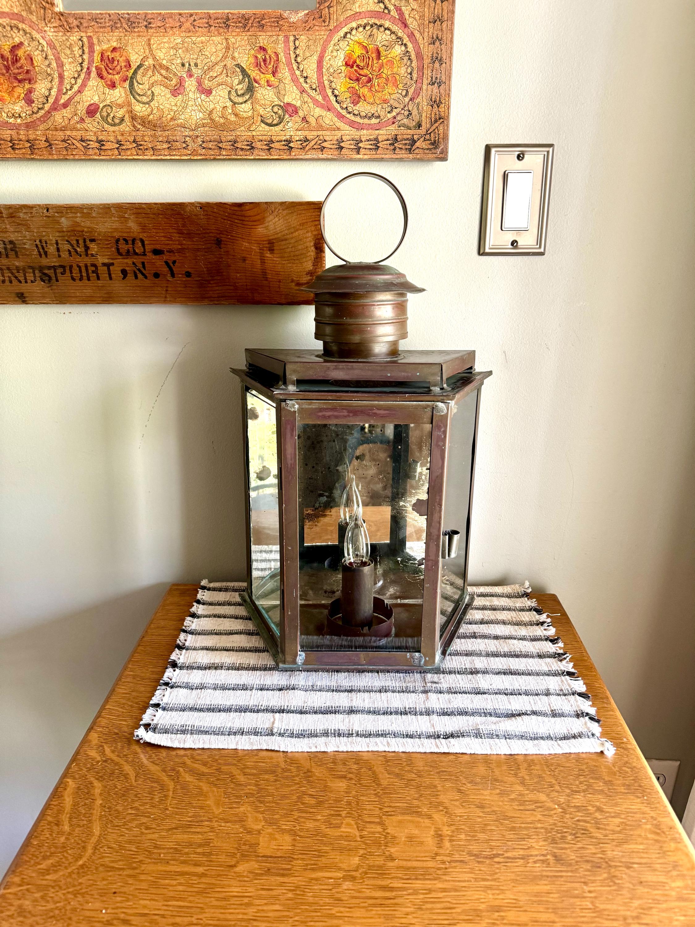 Vtg  Distressed Copper Lantern Lamp | Copper and Mirror Large Wall Sconce | Nautical Lantern Copper Wall Lamp | Rustic Wall Light