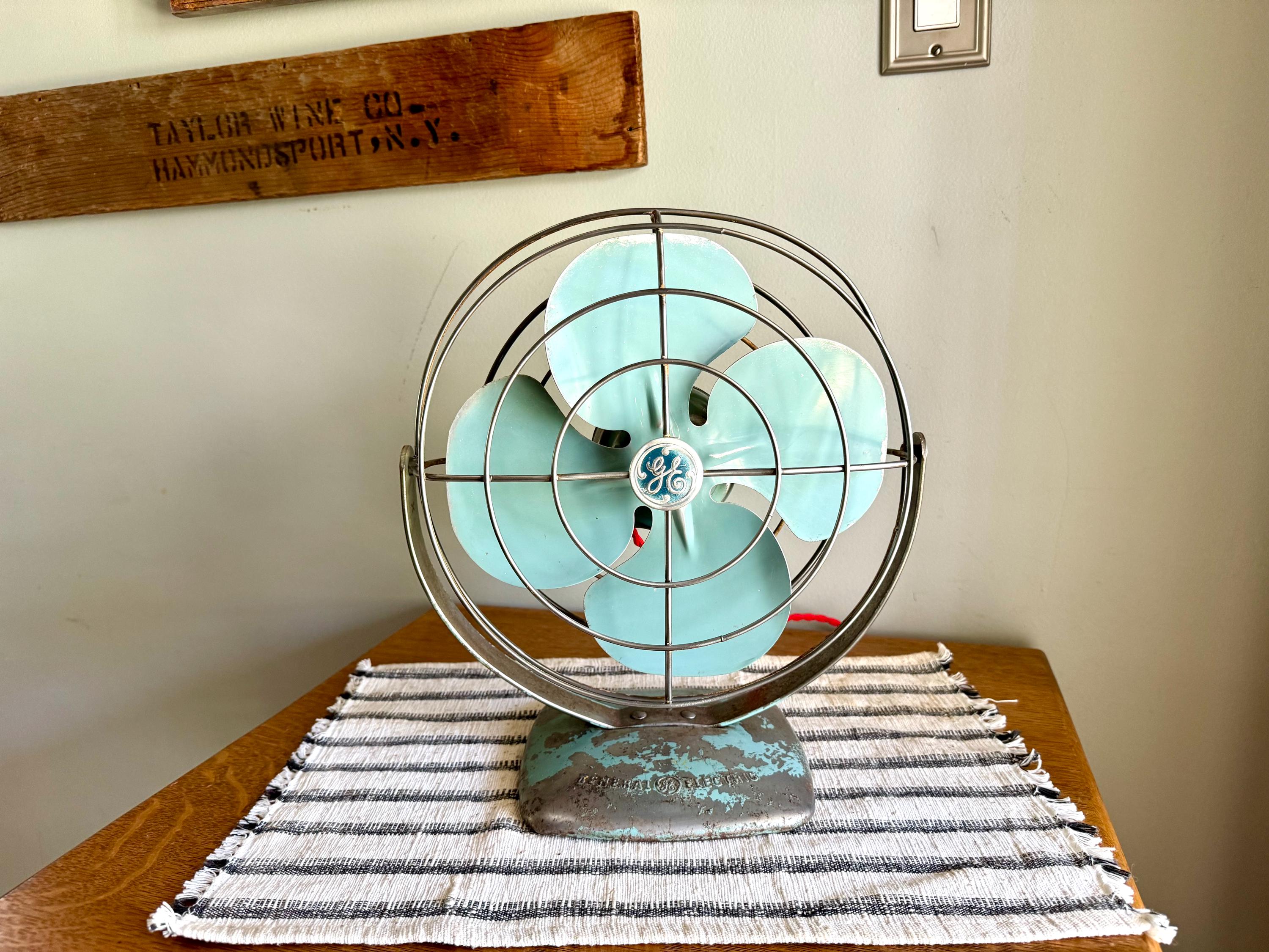 Vtg GE Distressed Aqua Blue Fan | Rustic Aqua Blue General Electric Fan | Rewired Metal Caged Fan | One Speed Turquoise Fan