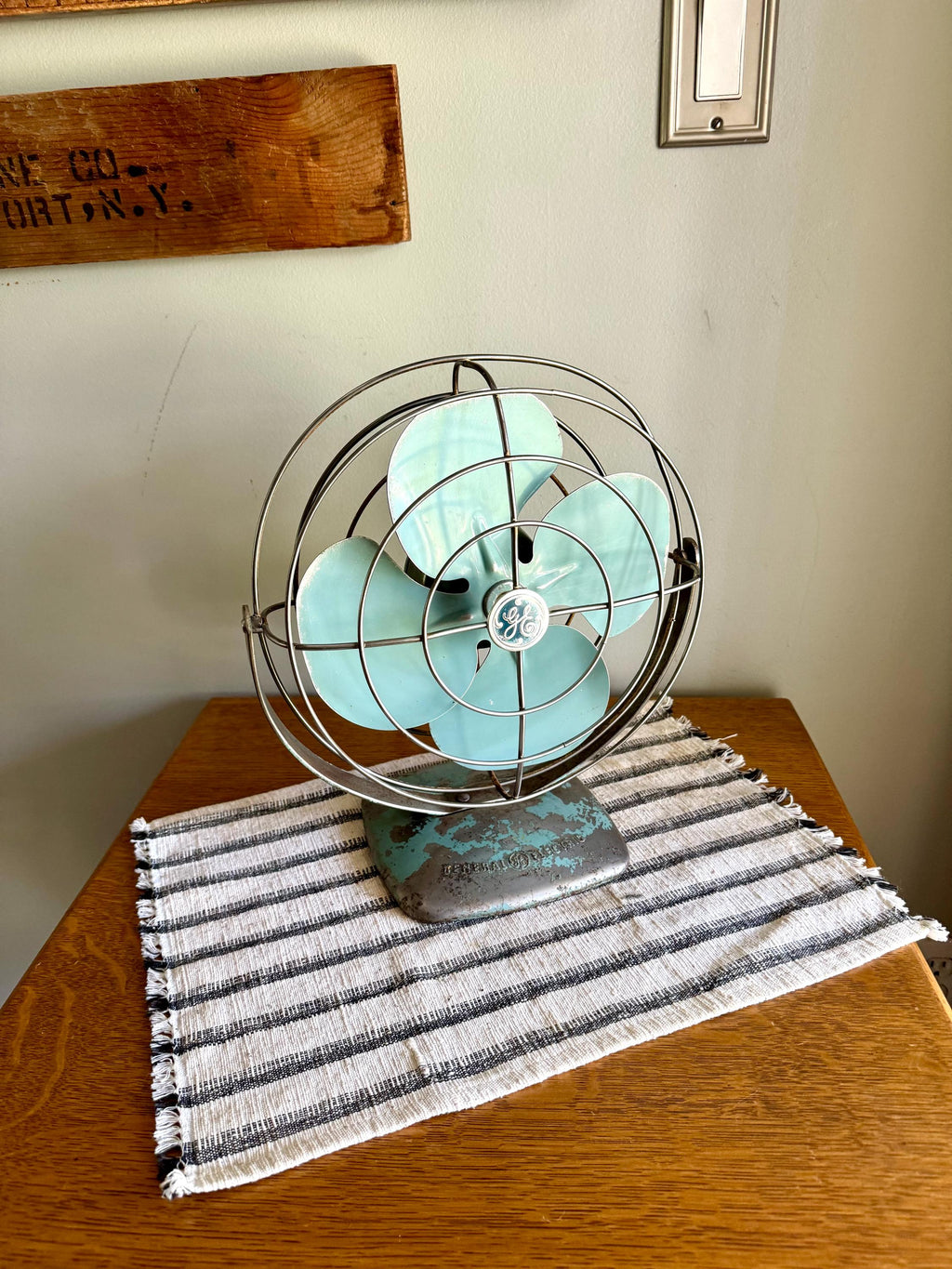 Vtg GE Distressed Aqua Blue Fan | Rustic Aqua Blue General Electric Fan | Rewired Metal Caged Fan | One Speed Turquoise Fan