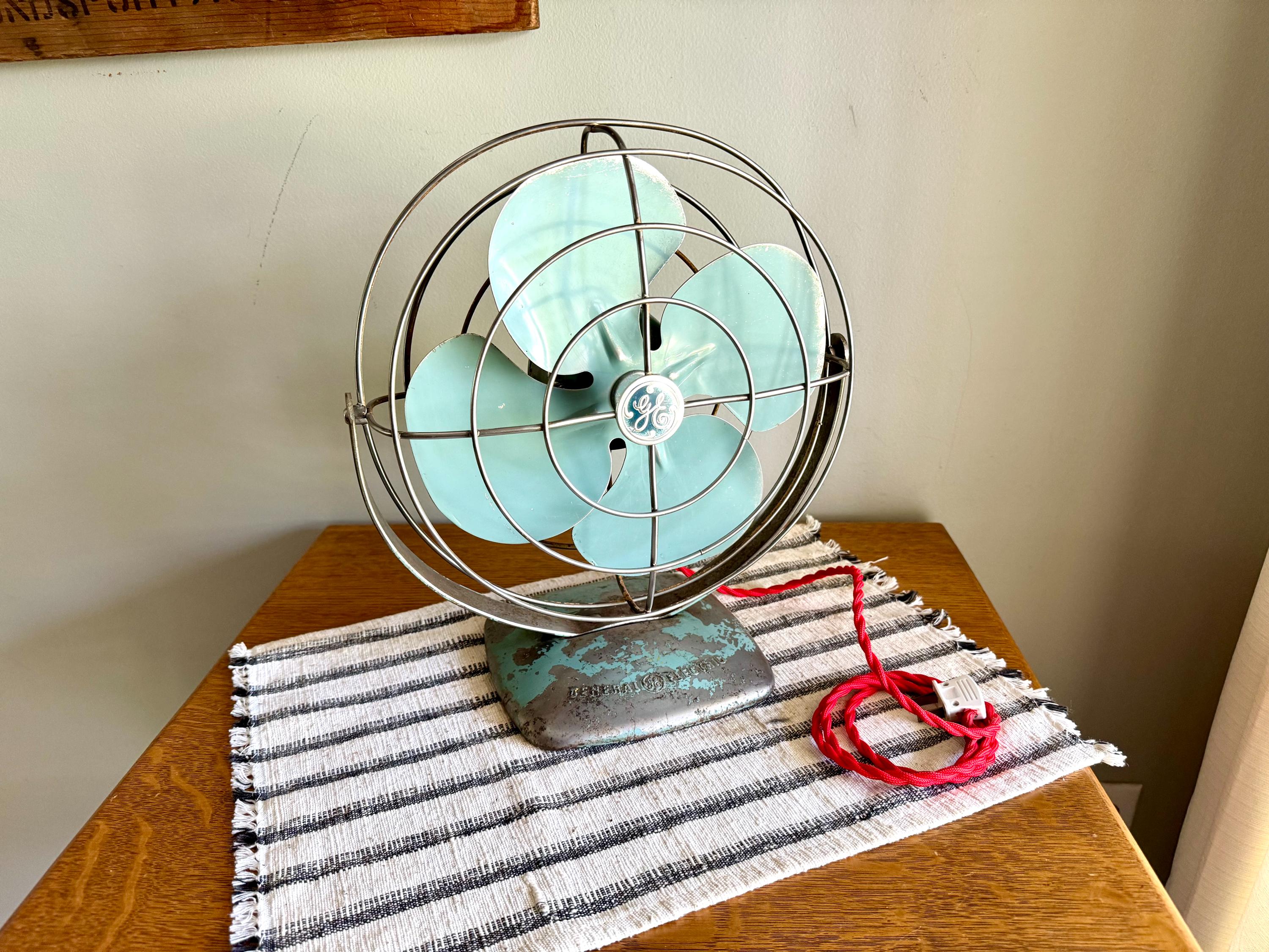 Vtg GE Distressed Aqua Blue Fan | Rustic Aqua Blue General Electric Fan | Rewired Metal Caged Fan | One Speed Turquoise Fan