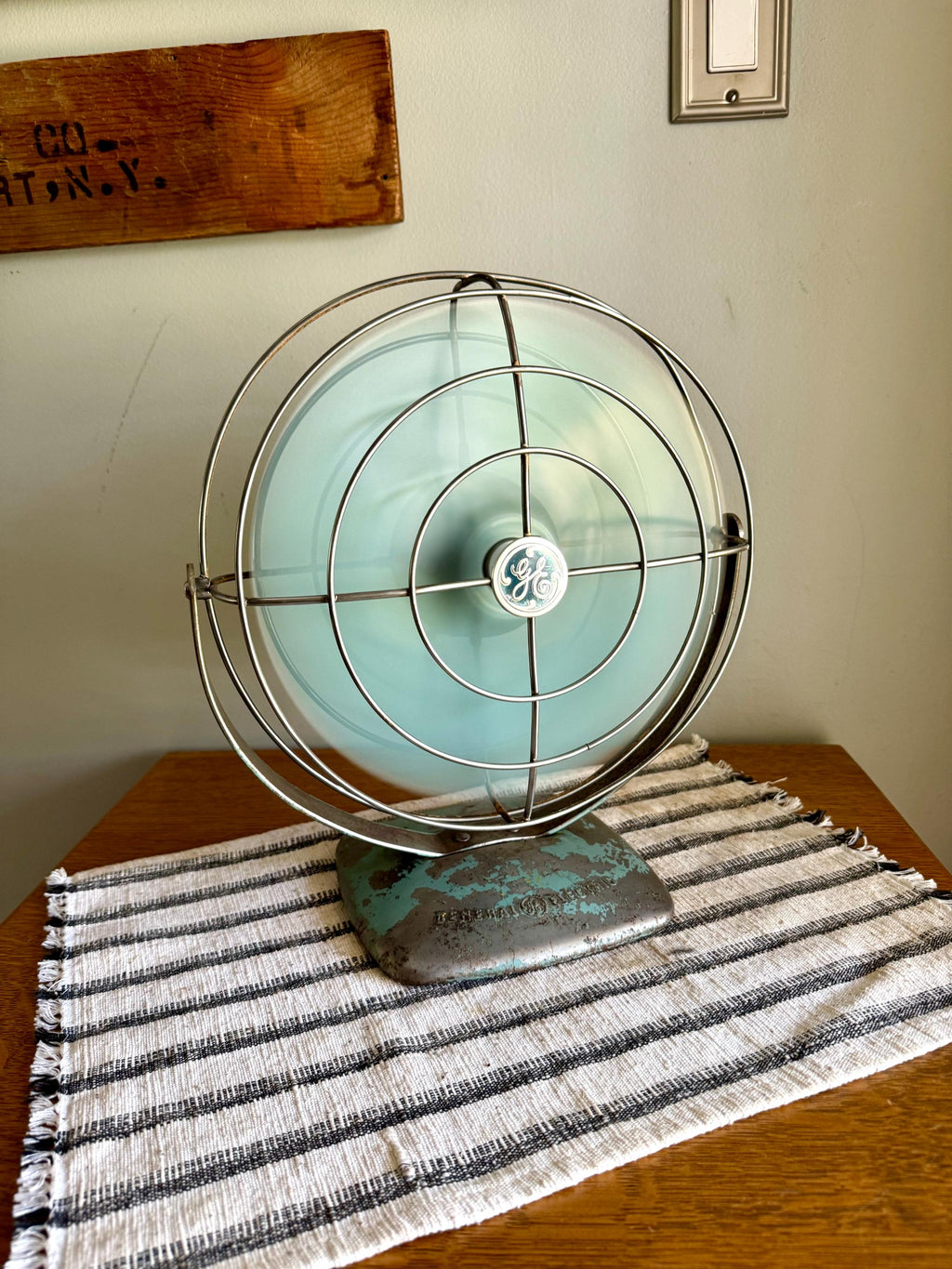 Vtg GE Distressed Aqua Blue Fan | Rustic Aqua Blue General Electric Fan | Rewired Metal Caged Fan | One Speed Turquoise Fan