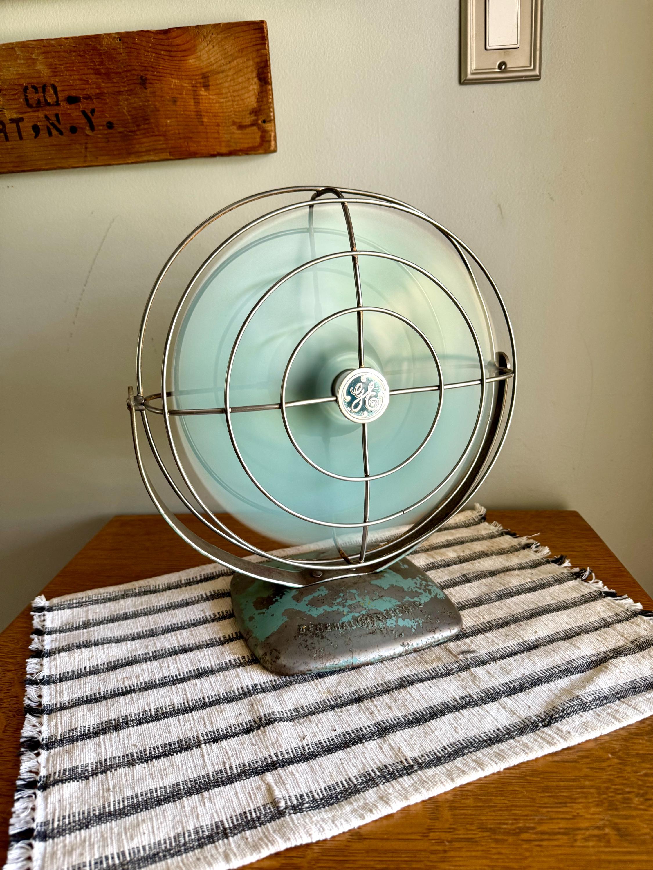 Vtg GE Distressed Aqua Blue Fan | Rustic Aqua Blue General Electric Fan | Rewired Metal Caged Fan | One Speed Turquoise Fan