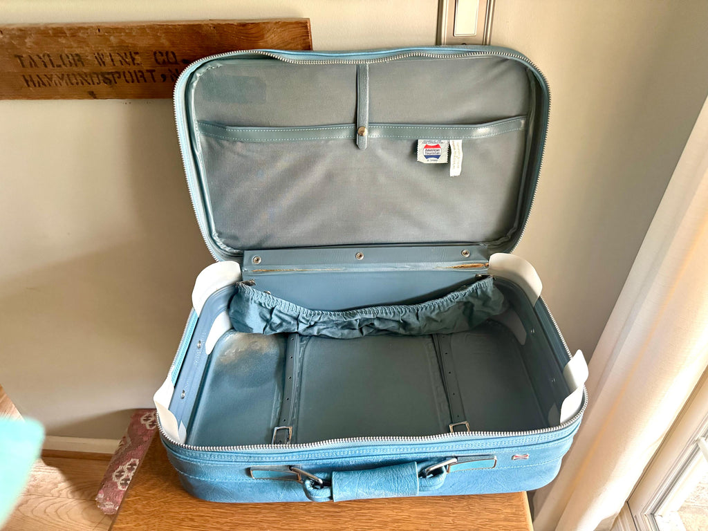 Vtg American Tourister Weekender | American Tourister Suitcase | Blue Weekend Luggage Bag| Retro Blue Carry On| Blue Marble Vinyl Bag
