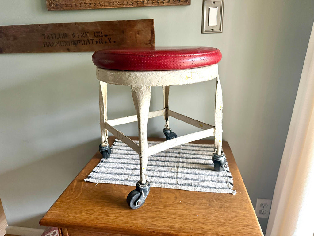 Vtg American Industrial Rolling Stool | Distressed Paint Low Metal Rolling Stool | Red Padded Small Rolling Stool | Milking Stool