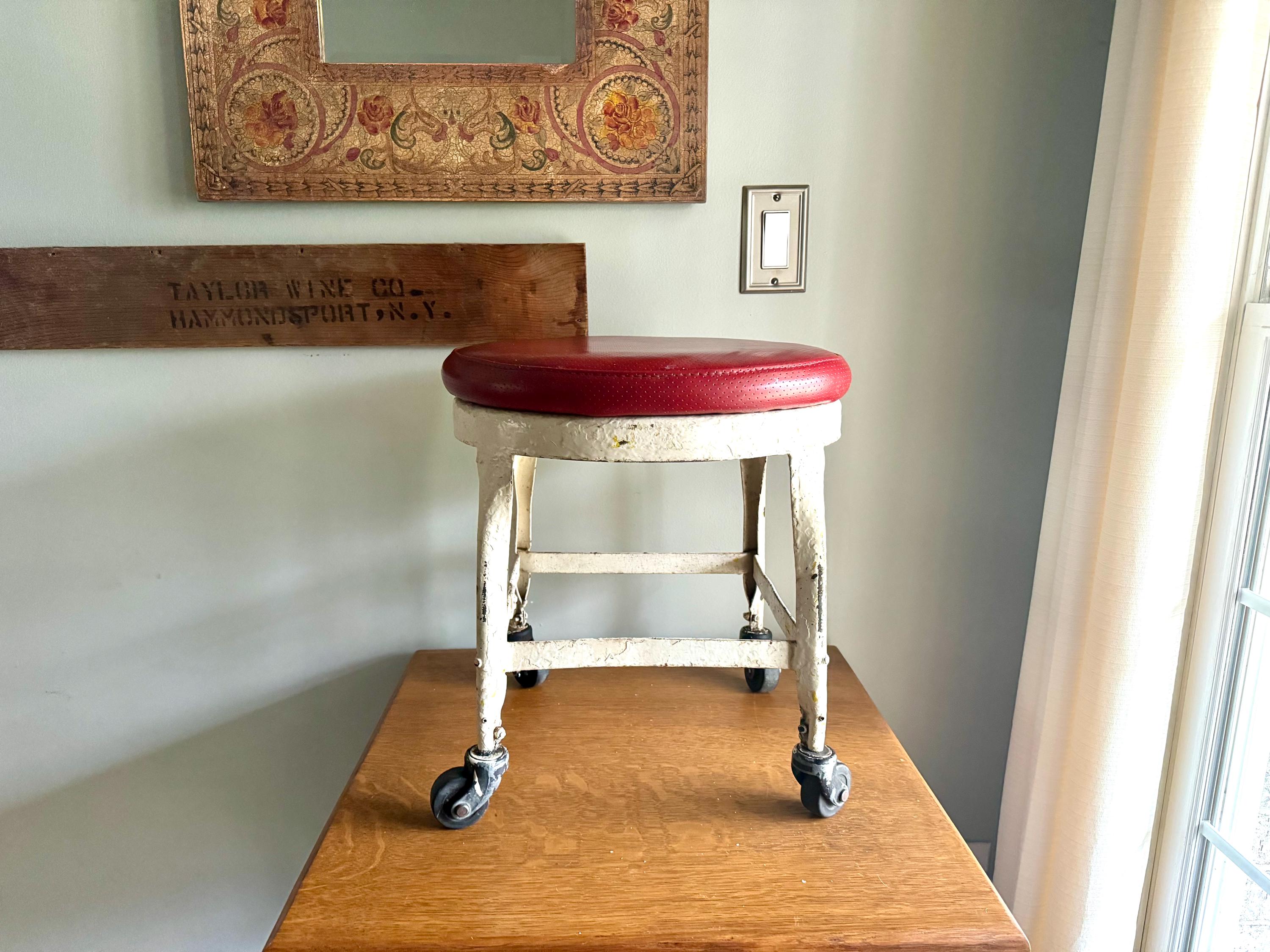 Vtg American Industrial Rolling Stool | Distressed Paint Low Metal Rolling Stool | Red Padded Small Rolling Stool | Milking Stool
