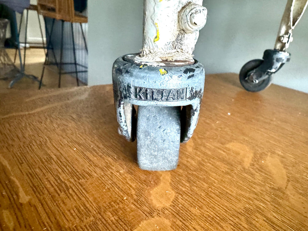 Vtg American Industrial Rolling Stool | Distressed Paint Low Metal Rolling Stool | Red Padded Small Rolling Stool | Milking Stool