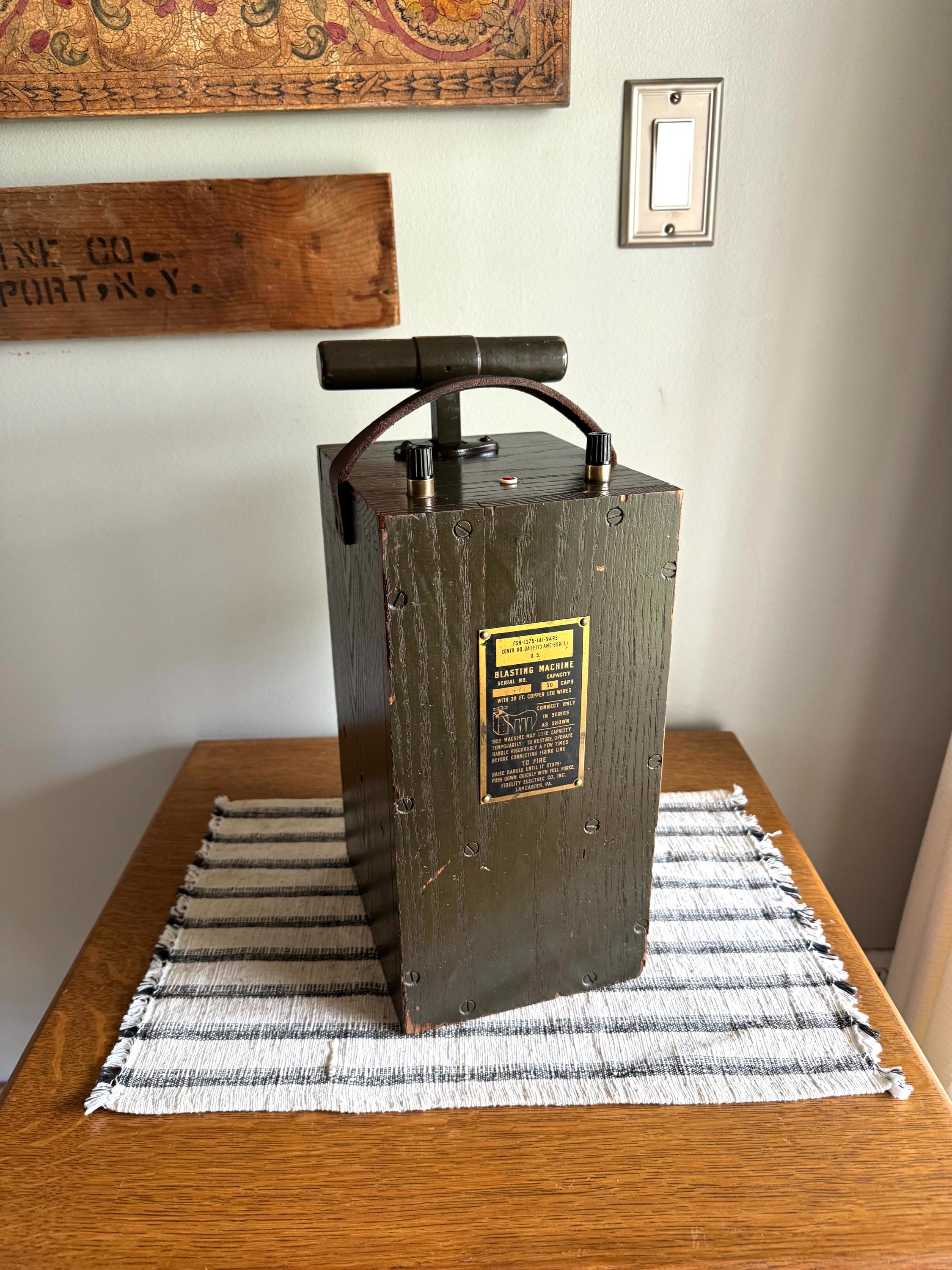 WW2 Era Fidelity Blasting Machine | Old Dynamite Detonator Box | TNT Plunger Detonator | U.S. Army Blasting Machine | Green Detonator Box