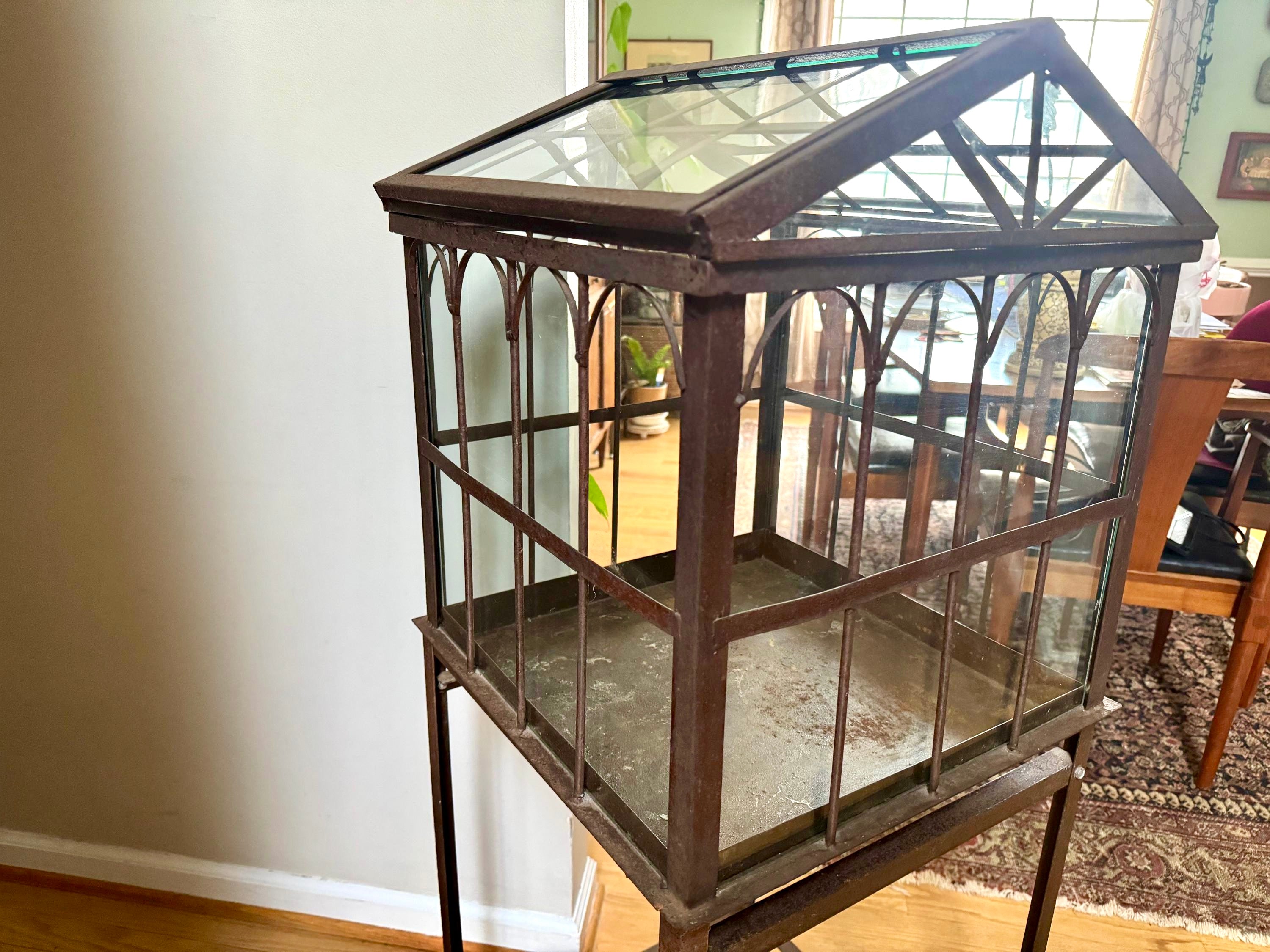 Vtg Old Metal & Glass Terrarium On Stand | Wardian Case on Stand | Plant Terrarium On Stand | Antique Victorian Terrarium Glass Case