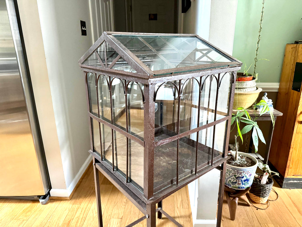Vtg Old Metal & Glass Terrarium On Stand | Wardian Case on Stand | Plant Terrarium On Stand | Antique Victorian Terrarium Glass Case
