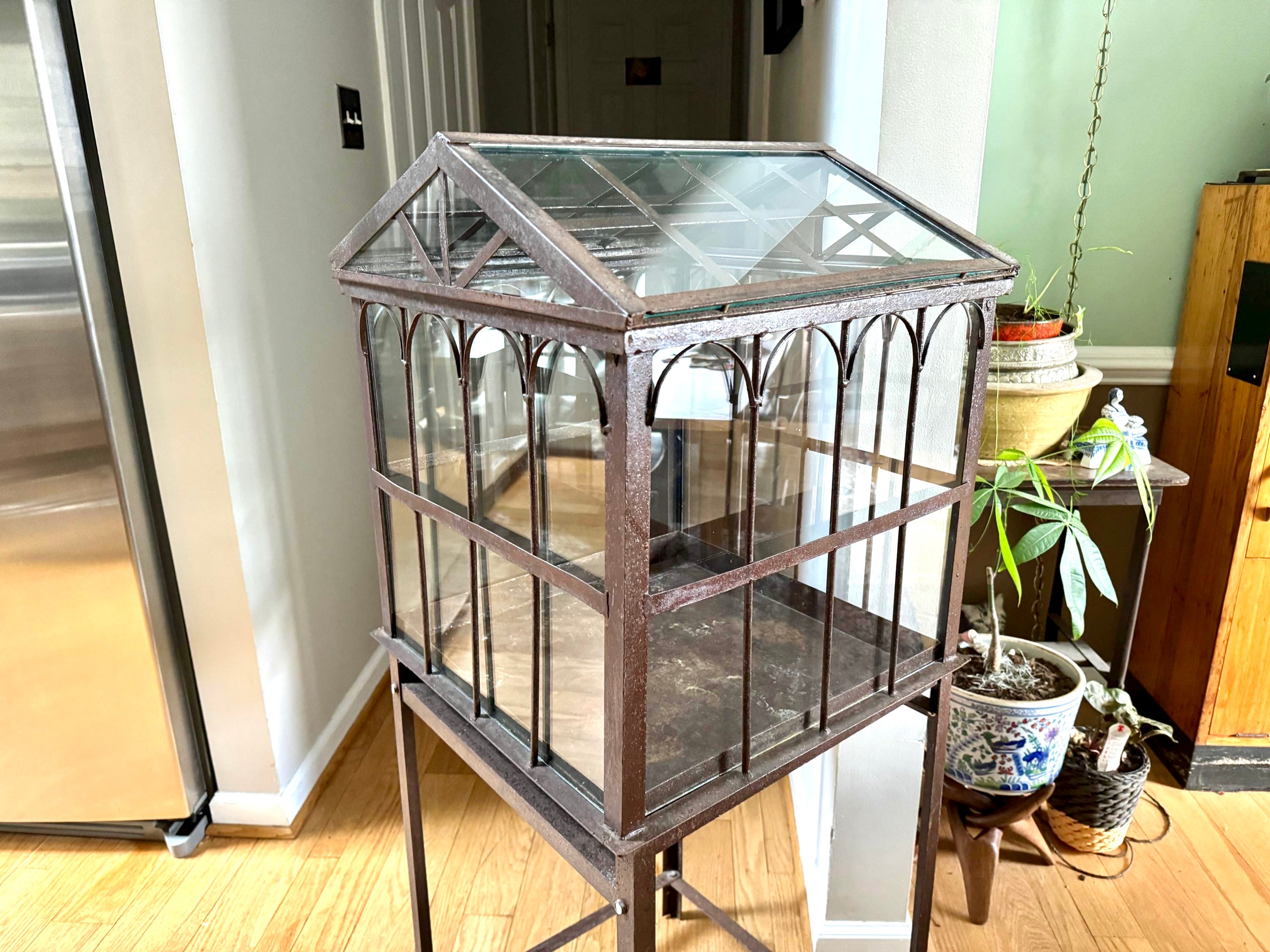 Vtg Old Metal & Glass Terrarium On Stand | Wardian Case on Stand | Plant Terrarium On Stand | Antique Victorian Terrarium Glass Case