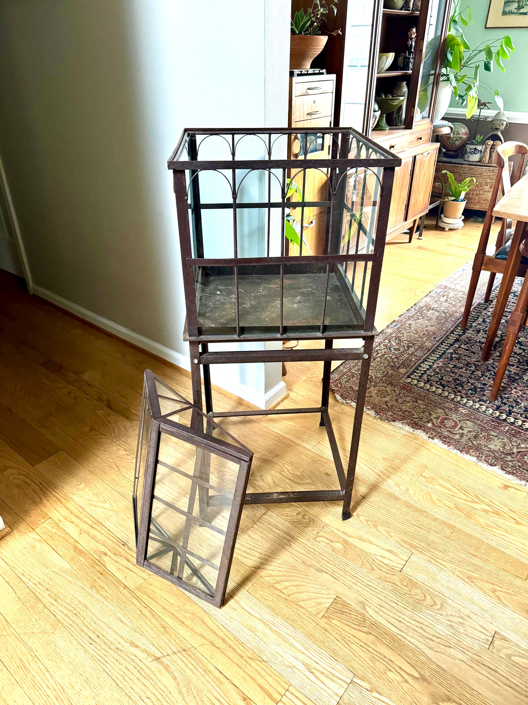 Vtg Old Metal & Glass Terrarium On Stand | Wardian Case on Stand | Plant Terrarium On Stand | Antique Victorian Terrarium Glass Case