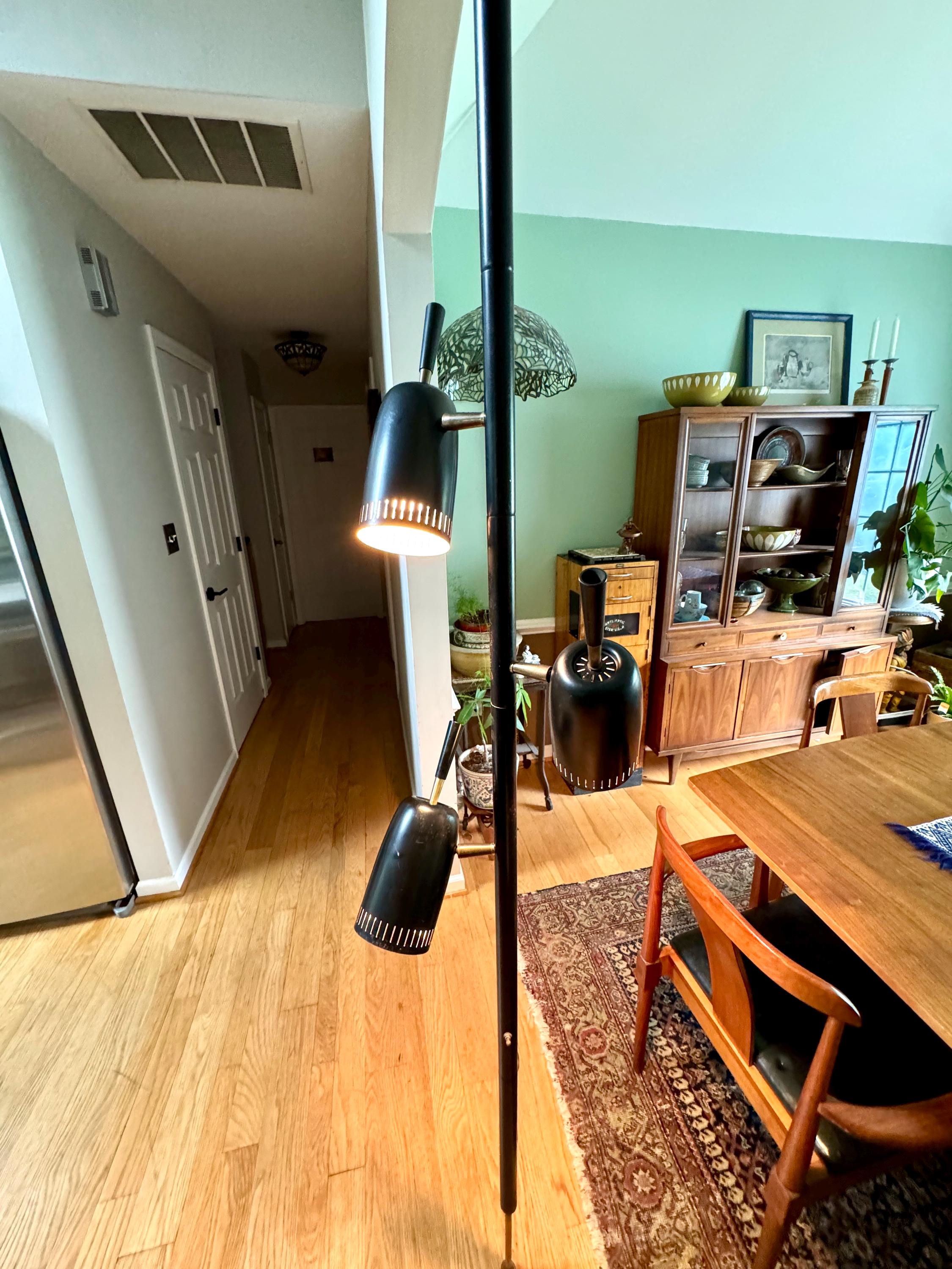 Black MCM Bullet Tension Pole Lamp | Black Atomic Coned Lamp | Modern Black & Brass Bullet Light | Raymond Loewy Style 3 Shade Tension Lamp