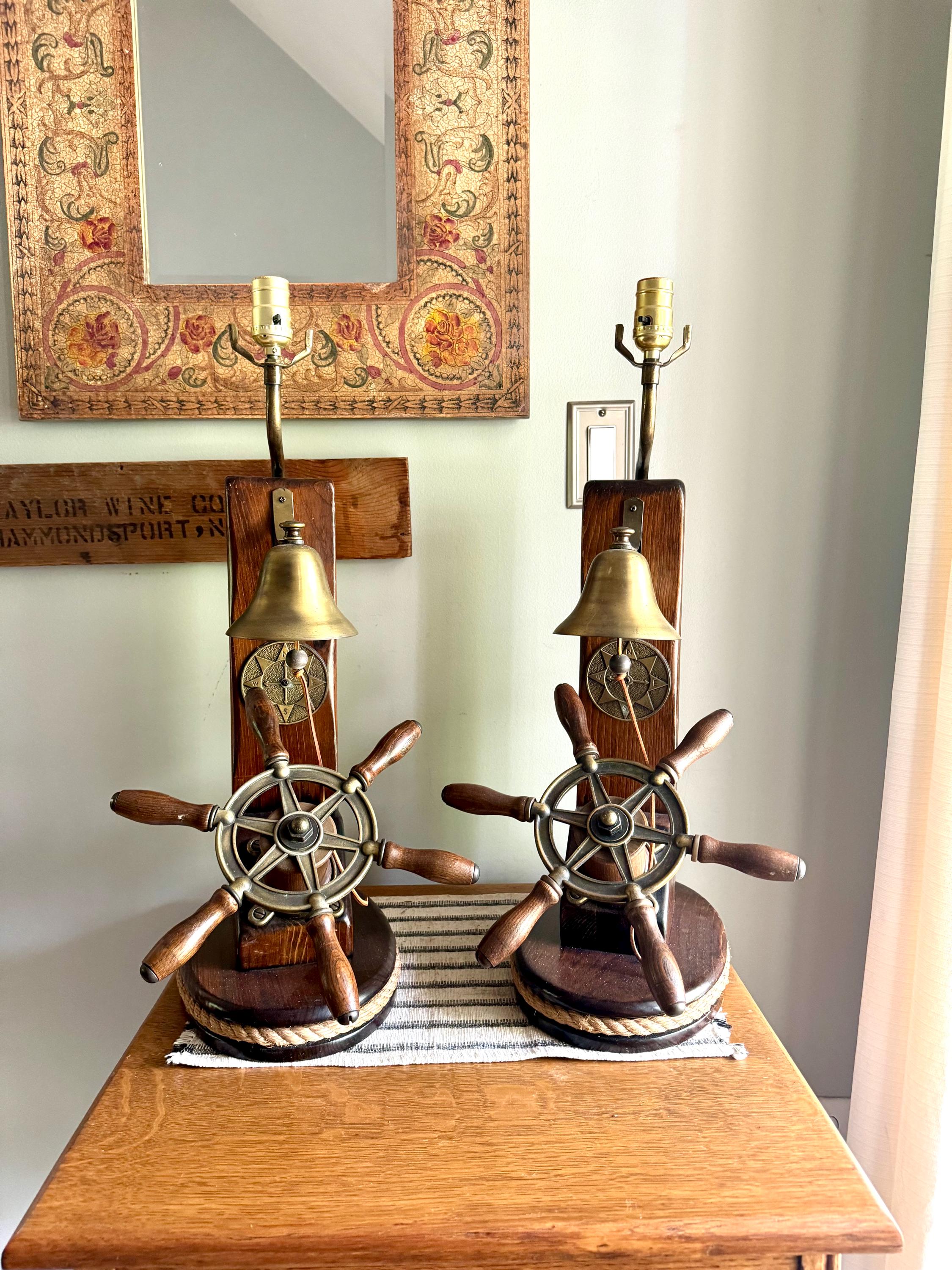 Vtg Pair of Nautical Themed Lamps | Ship's Wheel and Bell Themed Lamps | Nautical  Helmsman Wheel Lamps | Coastal Beach House Decor