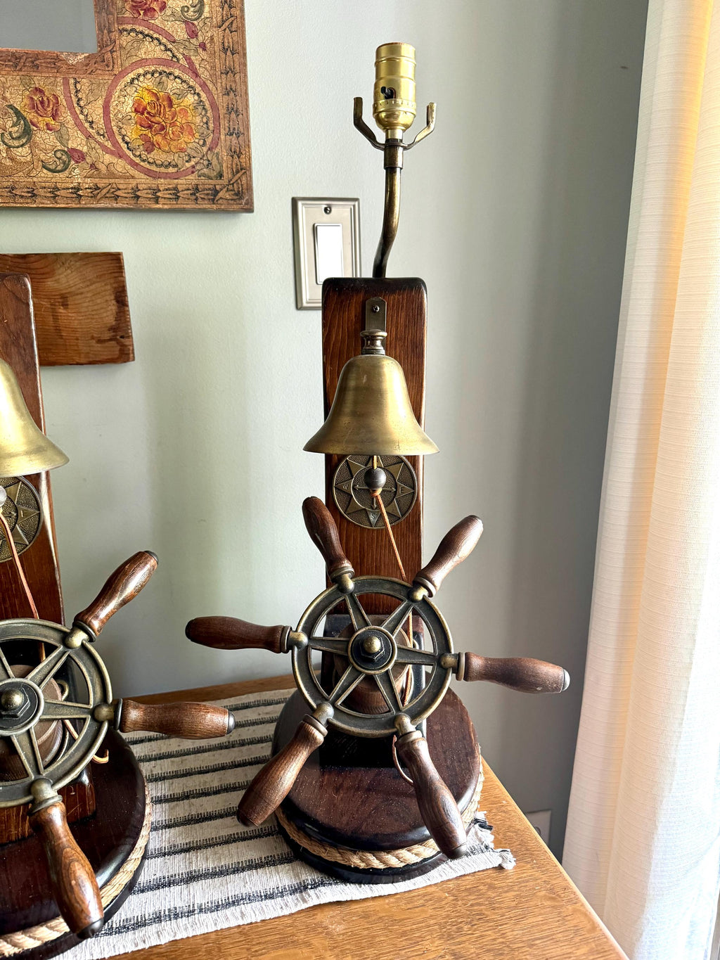 Vtg Pair of Nautical Themed Lamps | Ship's Wheel and Bell Themed Lamps | Nautical  Helmsman Wheel Lamps | Coastal Beach House Decor