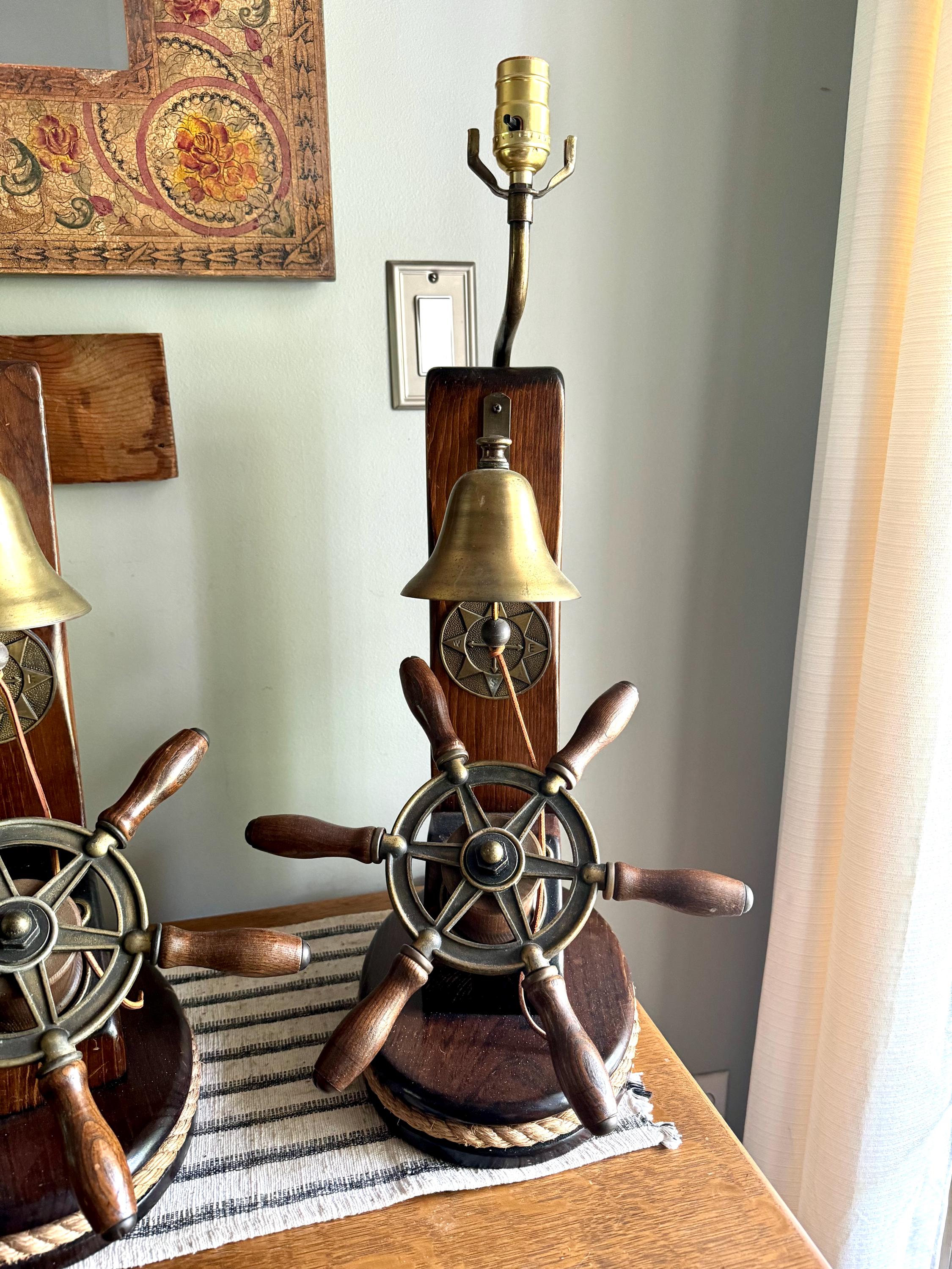 Vtg Pair of Nautical Themed Lamps | Ship's Wheel and Bell Themed Lamps | Nautical  Helmsman Wheel Lamps | Coastal Beach House Decor