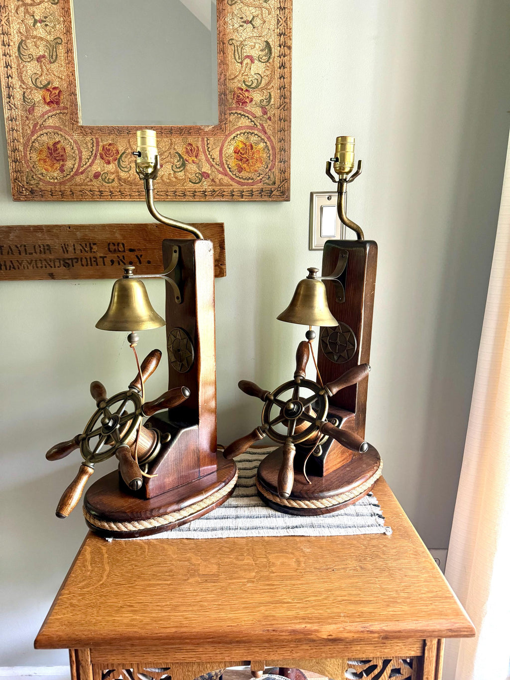 Vtg Pair of Nautical Themed Lamps | Ship's Wheel and Bell Themed Lamps | Nautical  Helmsman Wheel Lamps | Coastal Beach House Decor