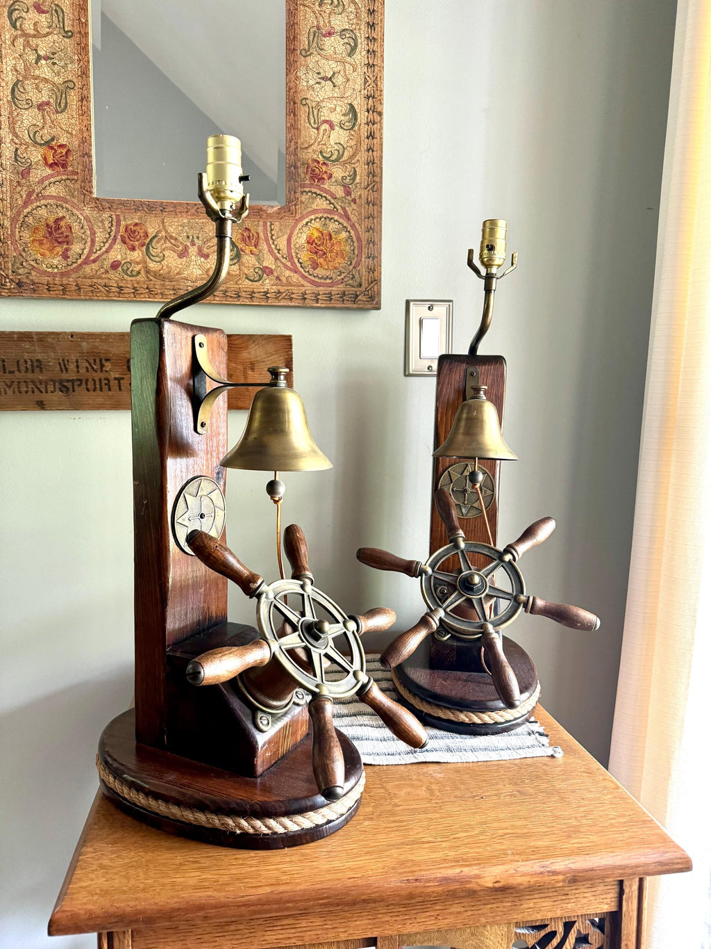 Vtg Pair of Nautical Themed Lamps | Ship's Wheel and Bell Themed Lamps | Nautical  Helmsman Wheel Lamps | Coastal Beach House Decor